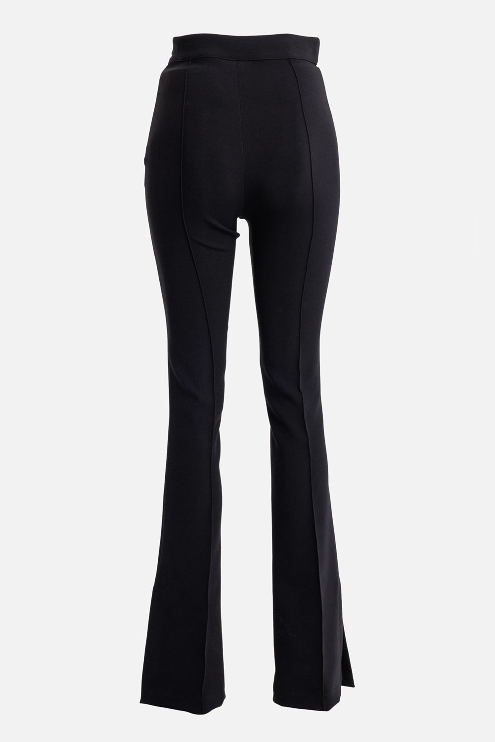 Des Phemmes women's black flared trousers, back view with fitted hips and elongated flared legs