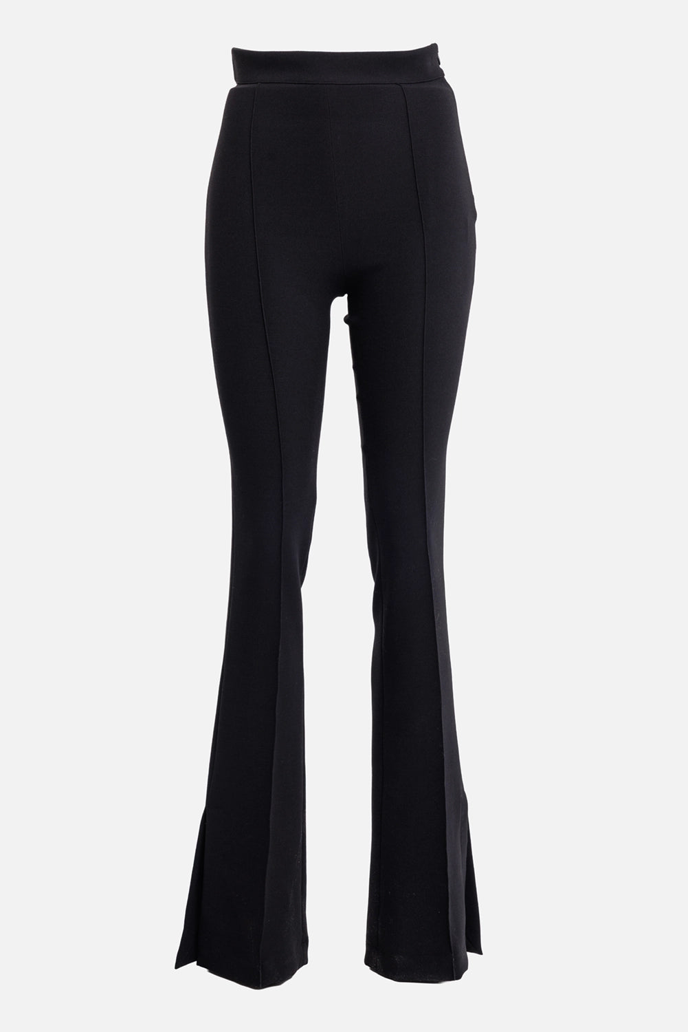 Des Phemmes women's black flared trousers, front view with high waist, pintuck seams and hem slits