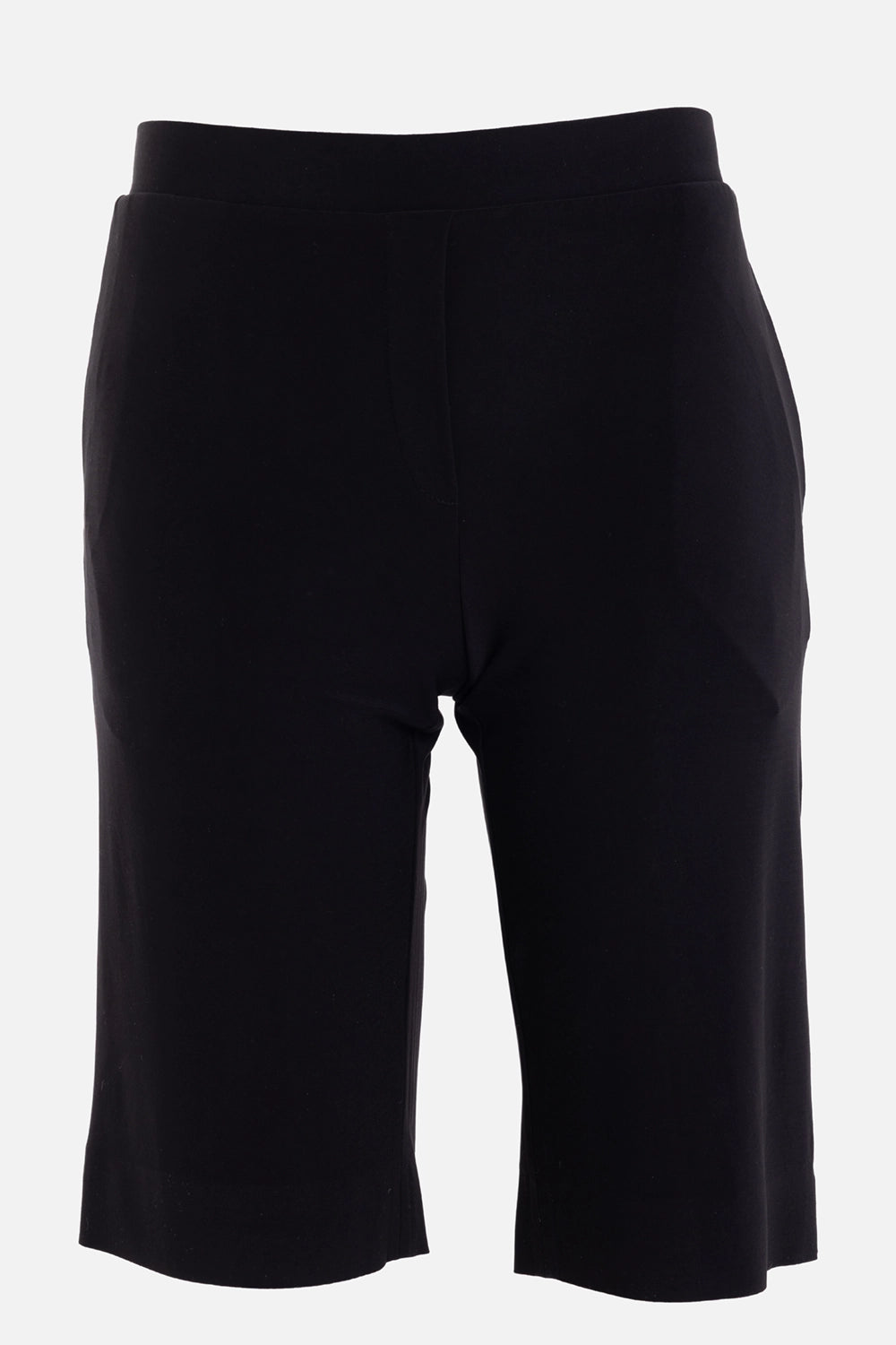 Norma Kamali women's Bermuda shorts in black, back view with elastic waistband and side pocket openings
