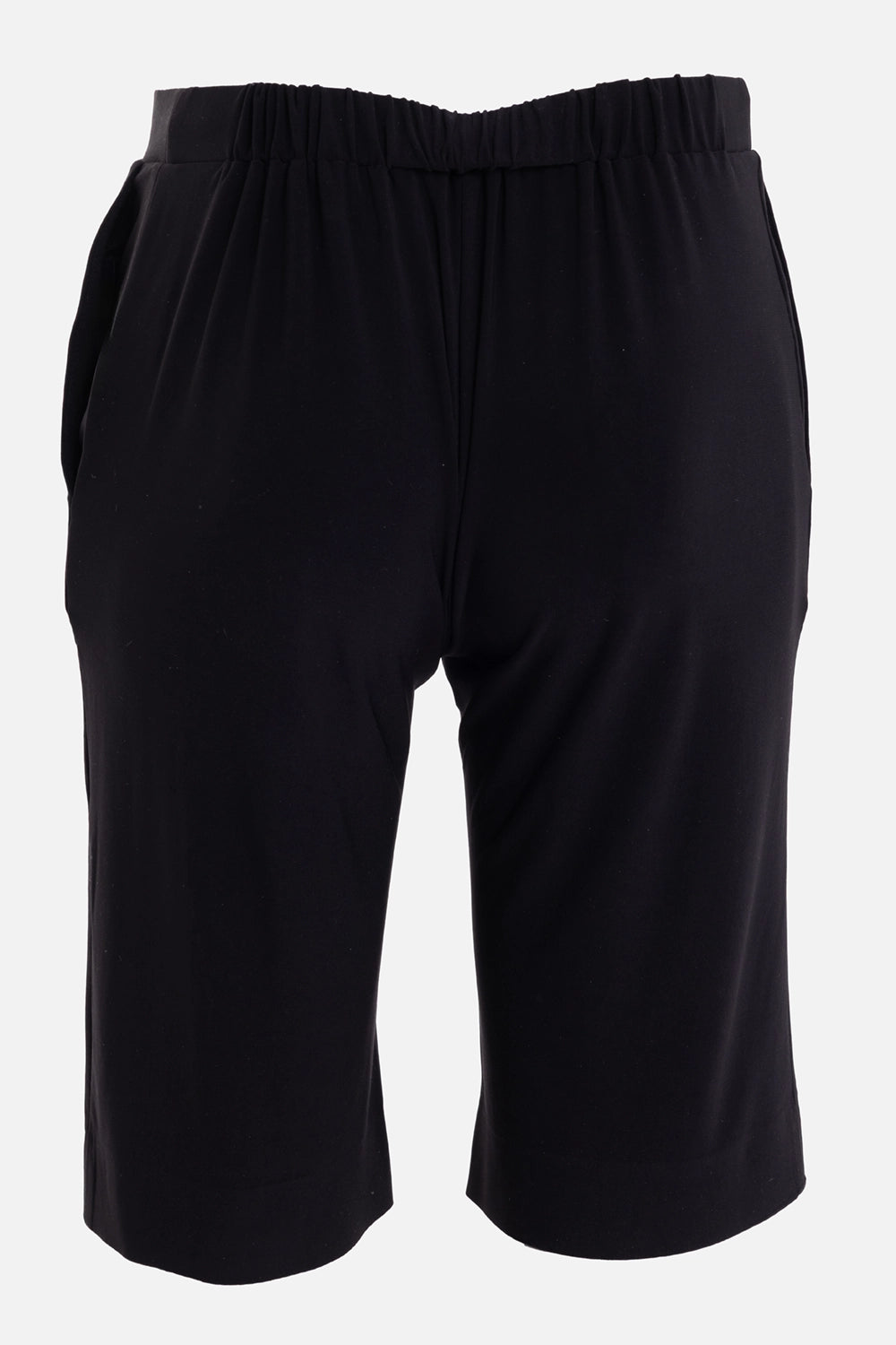 Norma Kamali women's Bermuda shorts in black, front view with flat front waistband and slim knee-length legs