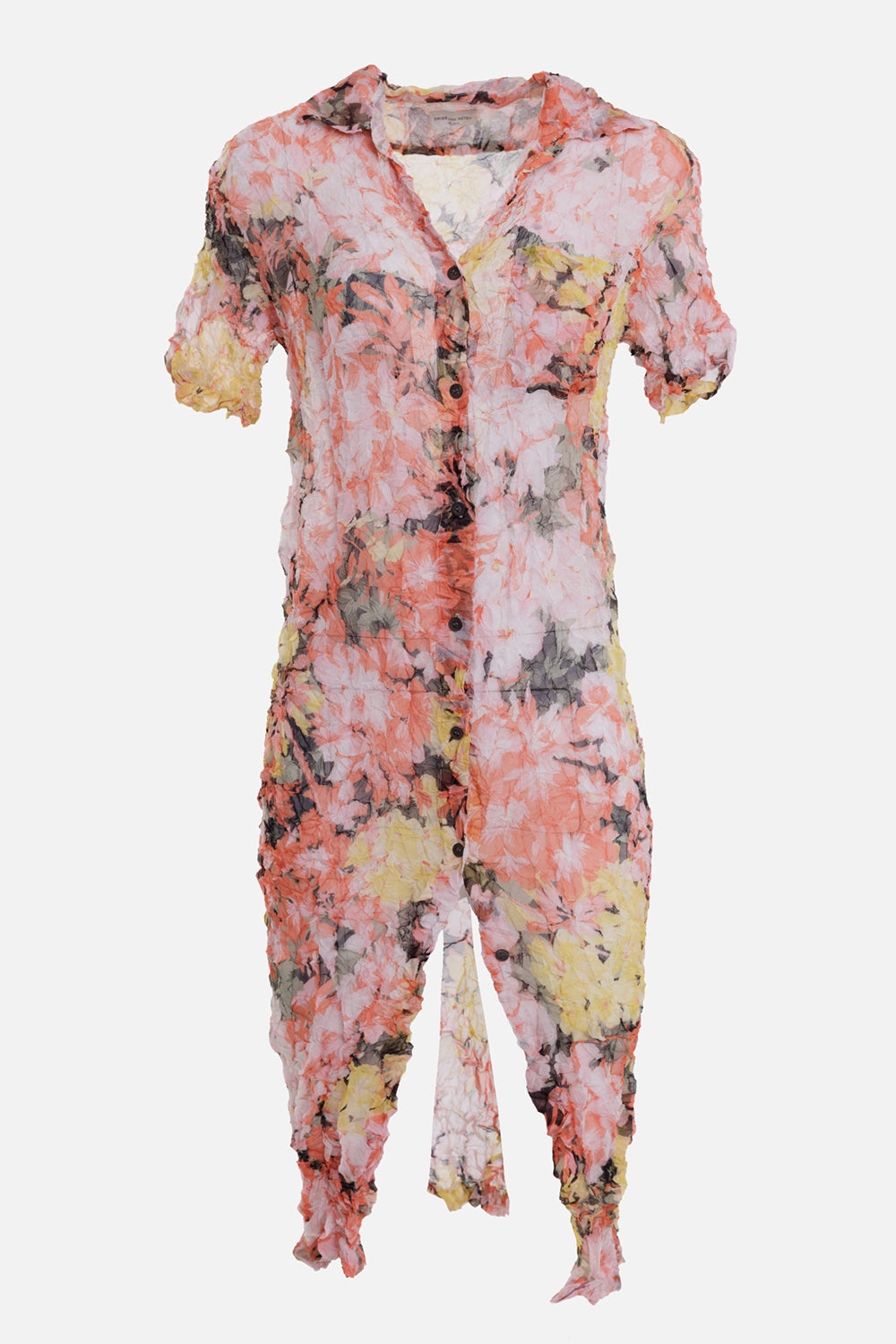 Dries Van Noten women's coat in multicolor, front view, floral crinkled fabric and button closure