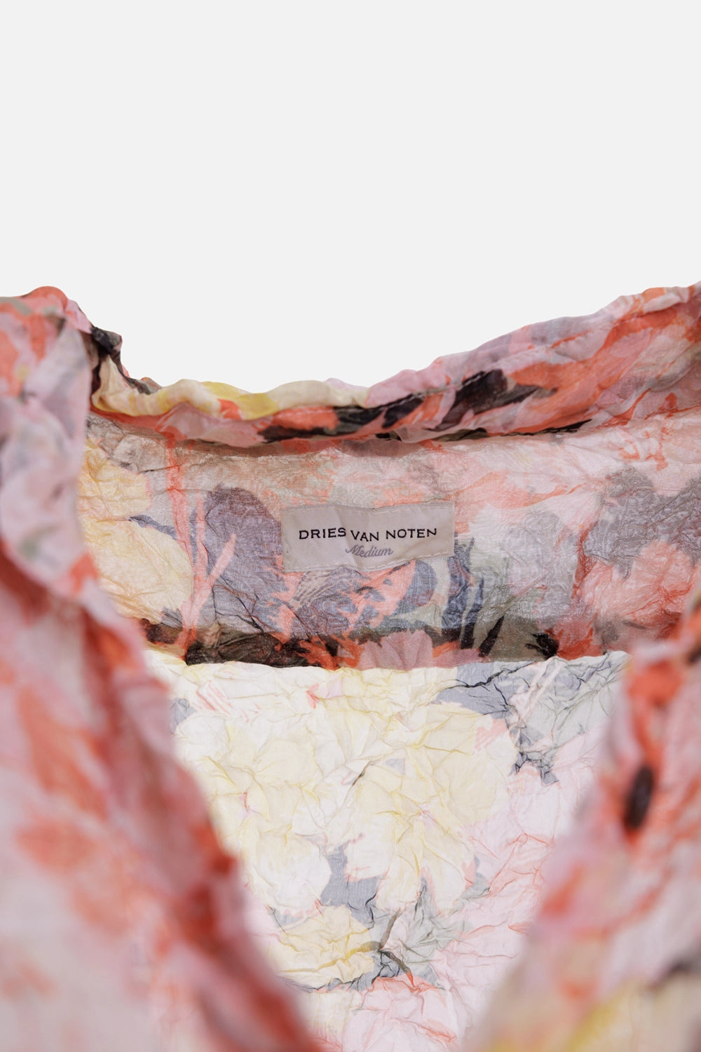Dries Van Noten women's coat in multicolor, label detail, Medium neck label inside floral collar