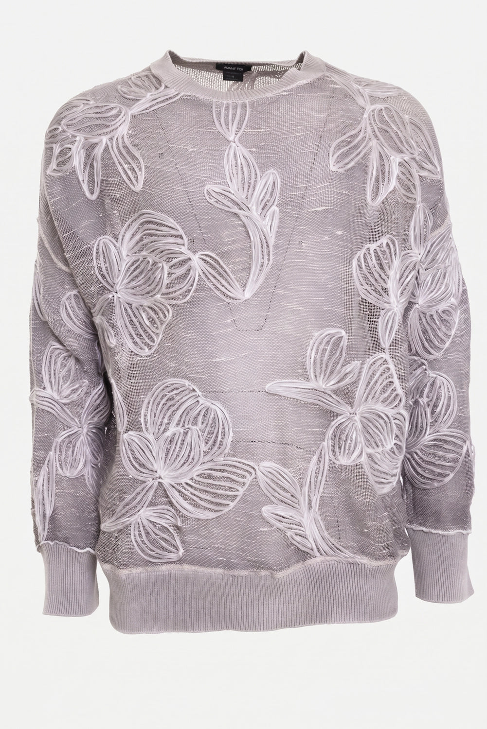 Avant Toi men's sweater in fango grey, front view with raised floral embroidery and ribbed hem