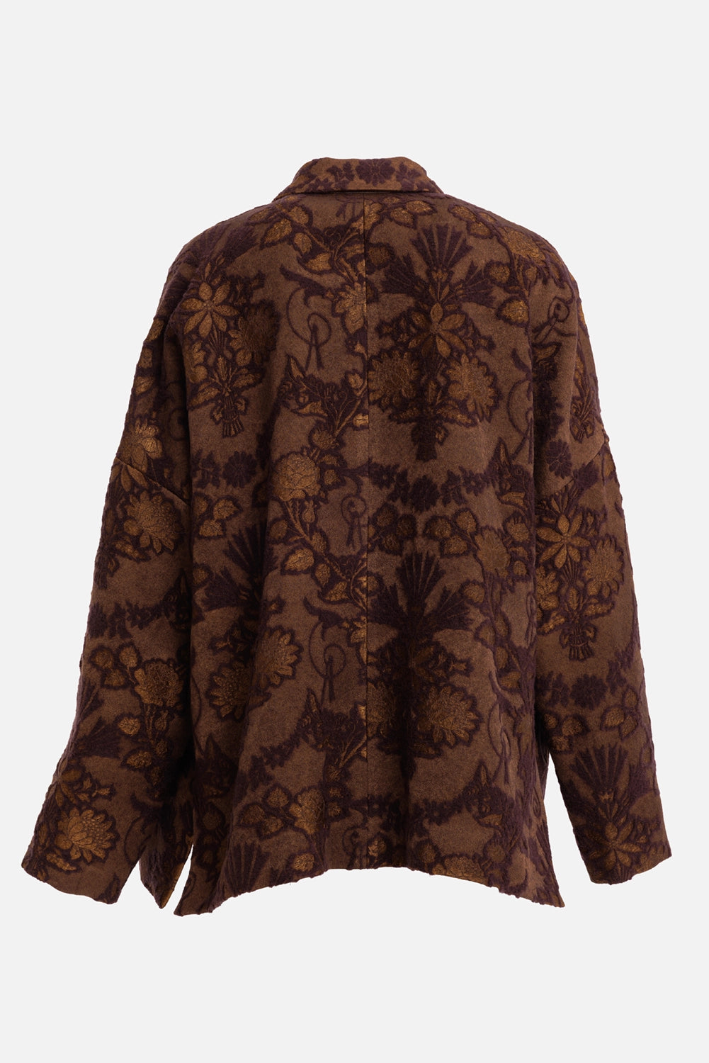 Uma Wang women's jacket in mustard and brown, back view with dropped shoulders and all-over floral jacquard