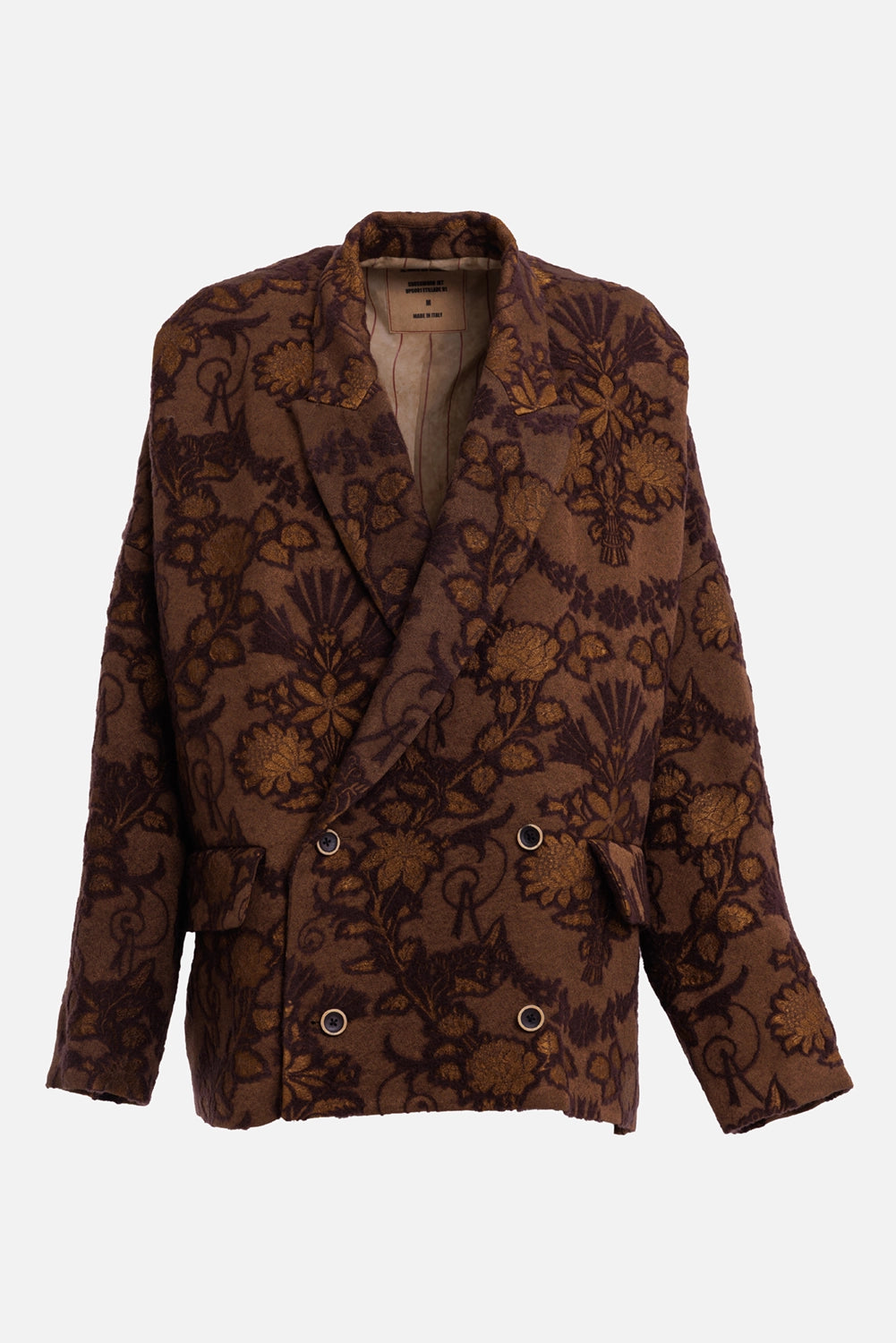 Uma Wang women's jacket in mustard and brown, front view with broad lapels, four buttons and flap pockets