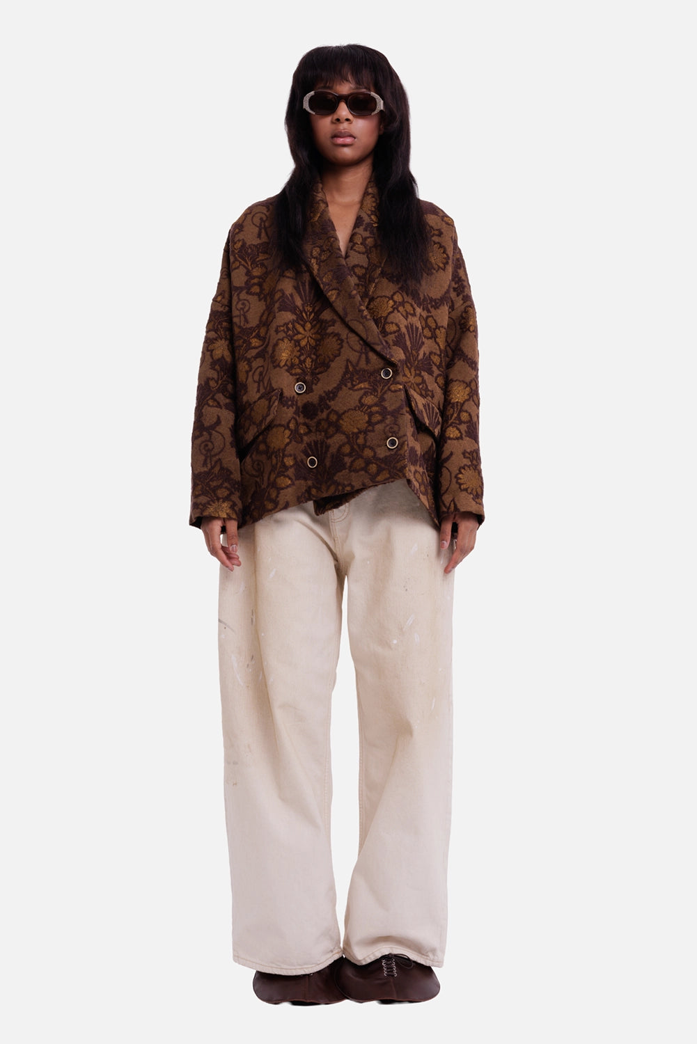 Uma Wang women's jacket in mustard and brown, full-length model view with floral jacquard and double-breasted front