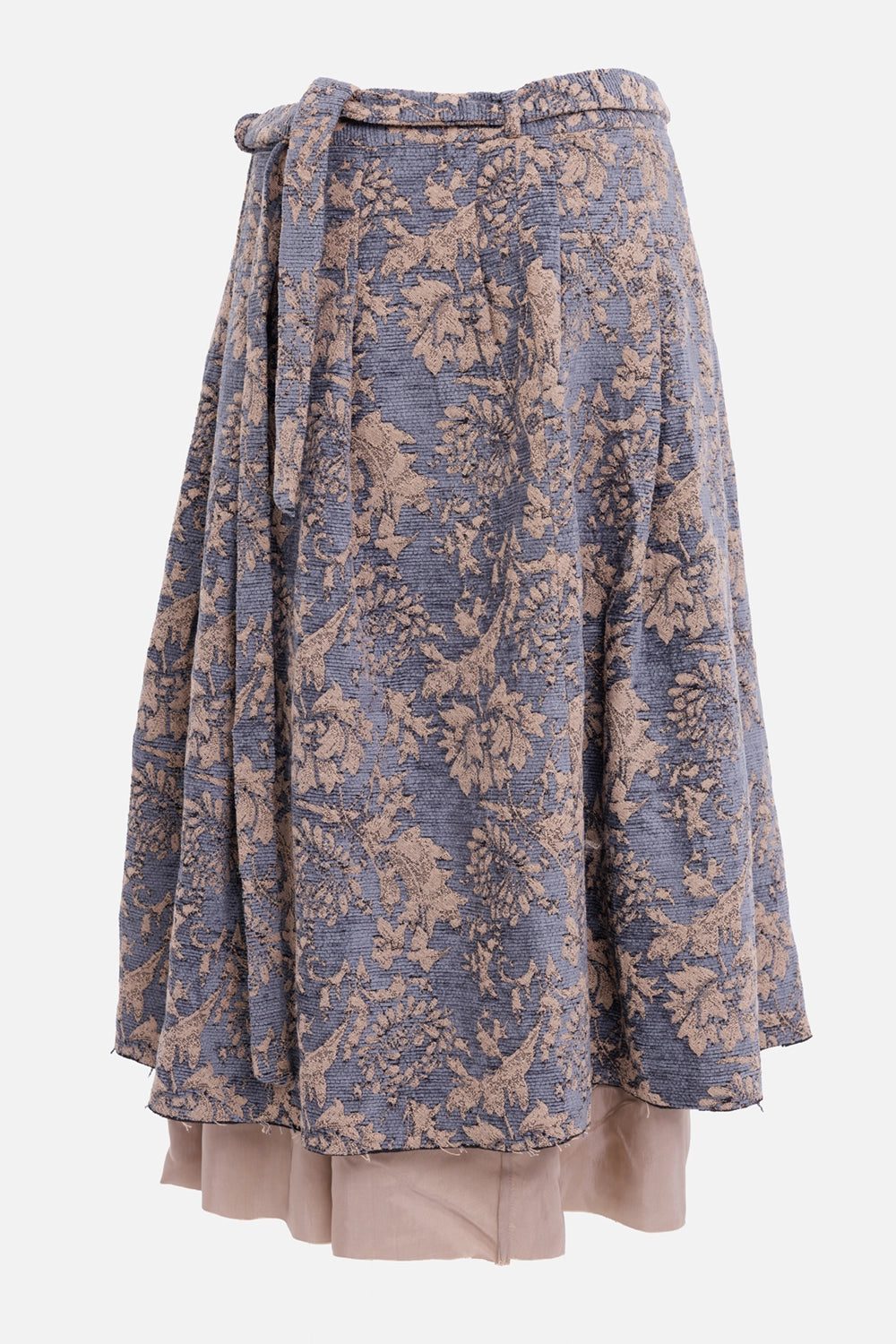Marc Point women's midi skirt in blue and beige, front view with floral jacquard, pleats and raw hem