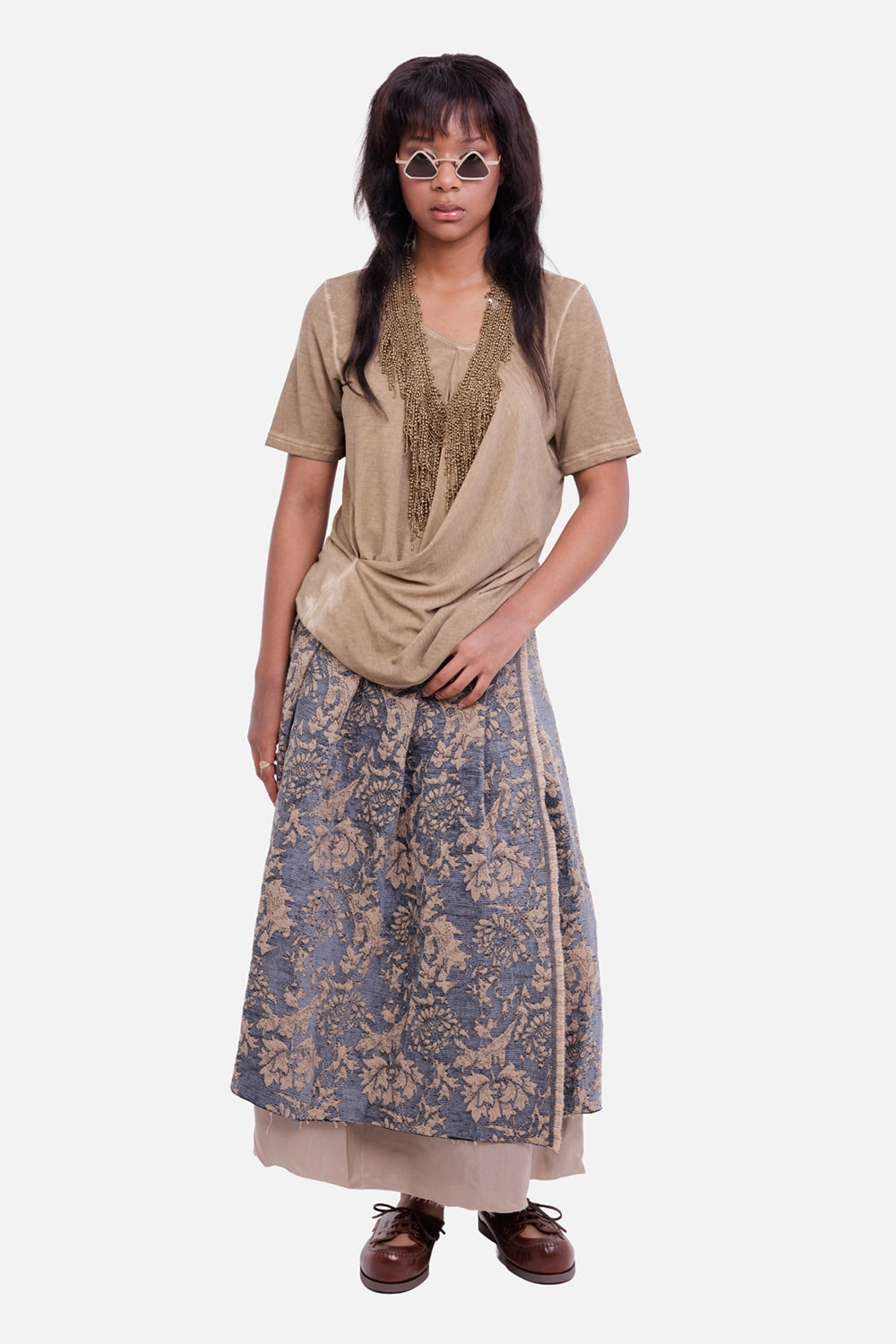 Marc Point women's midi skirt in blue and beige, full-length model view with wrap front and beige underlayer