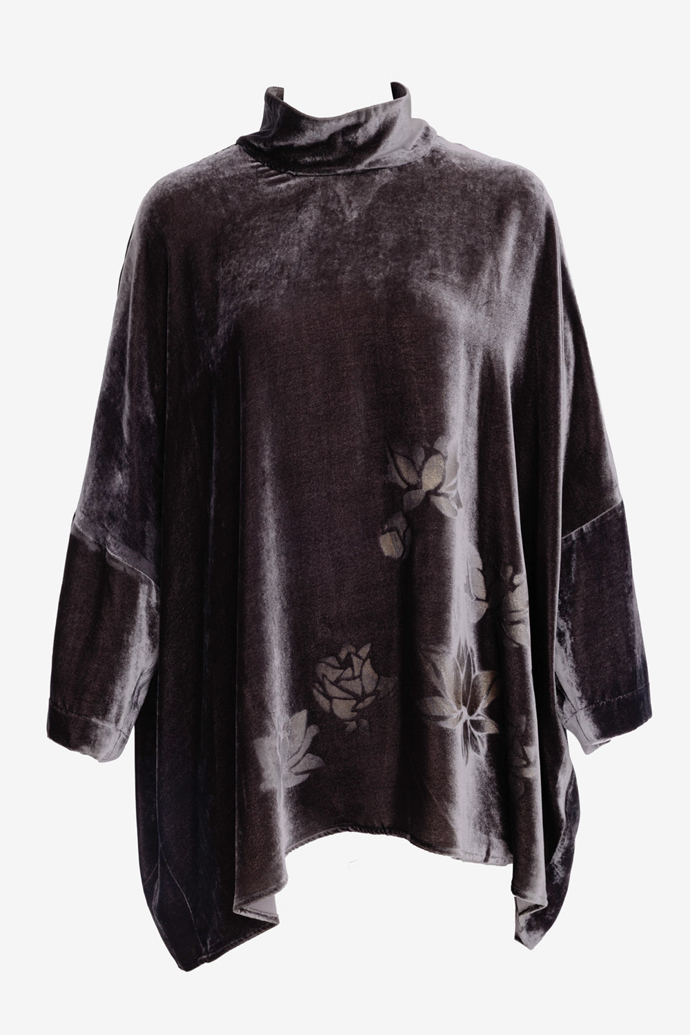 Uma Wang women's velvet tunic in dark dust, front view with high neck, wide sleeves and floral motifs
