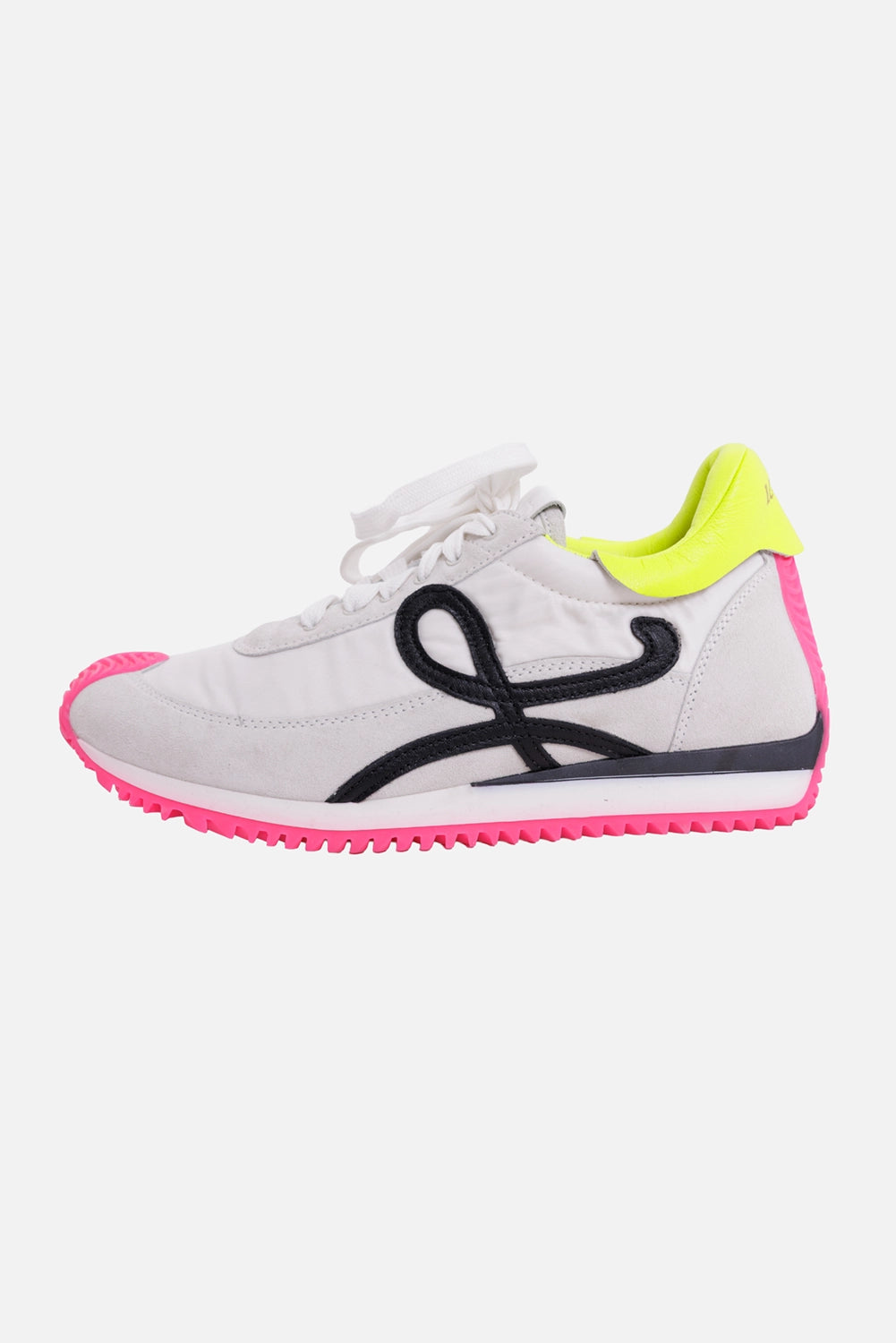 Loewe women's sneakers in white, side view, black L monogram and neon pink sole