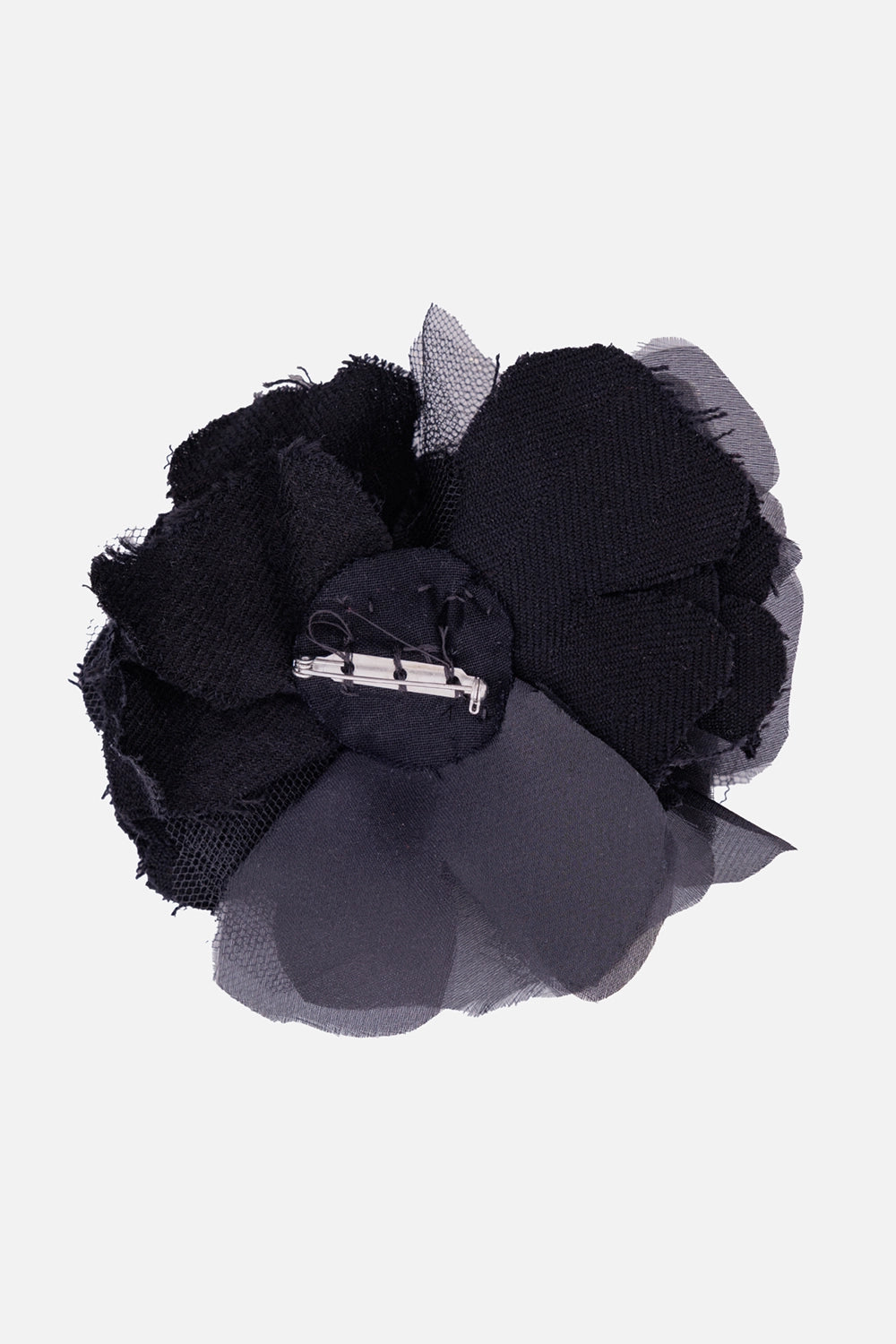 Marc Point flower brooch in black, back view with layered petals and silver-tone pin fastening