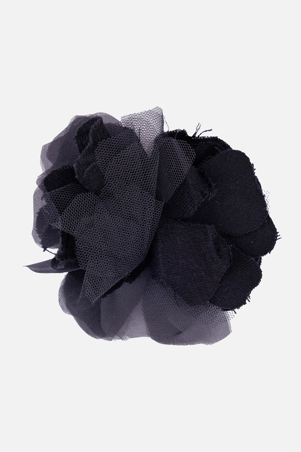 Marc Point flower brooch in black, front view with layered fabric petals and sheer netting