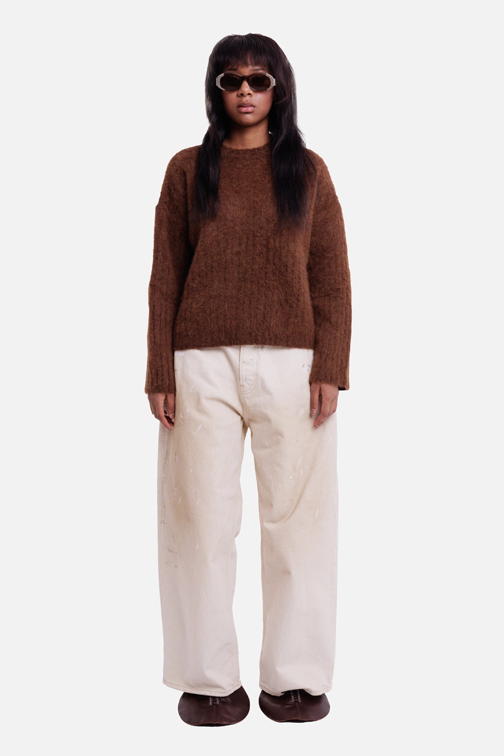 Uma Wang women's sweater in mustard, full-length model view with fluffy texture, crew neck and relaxed fit