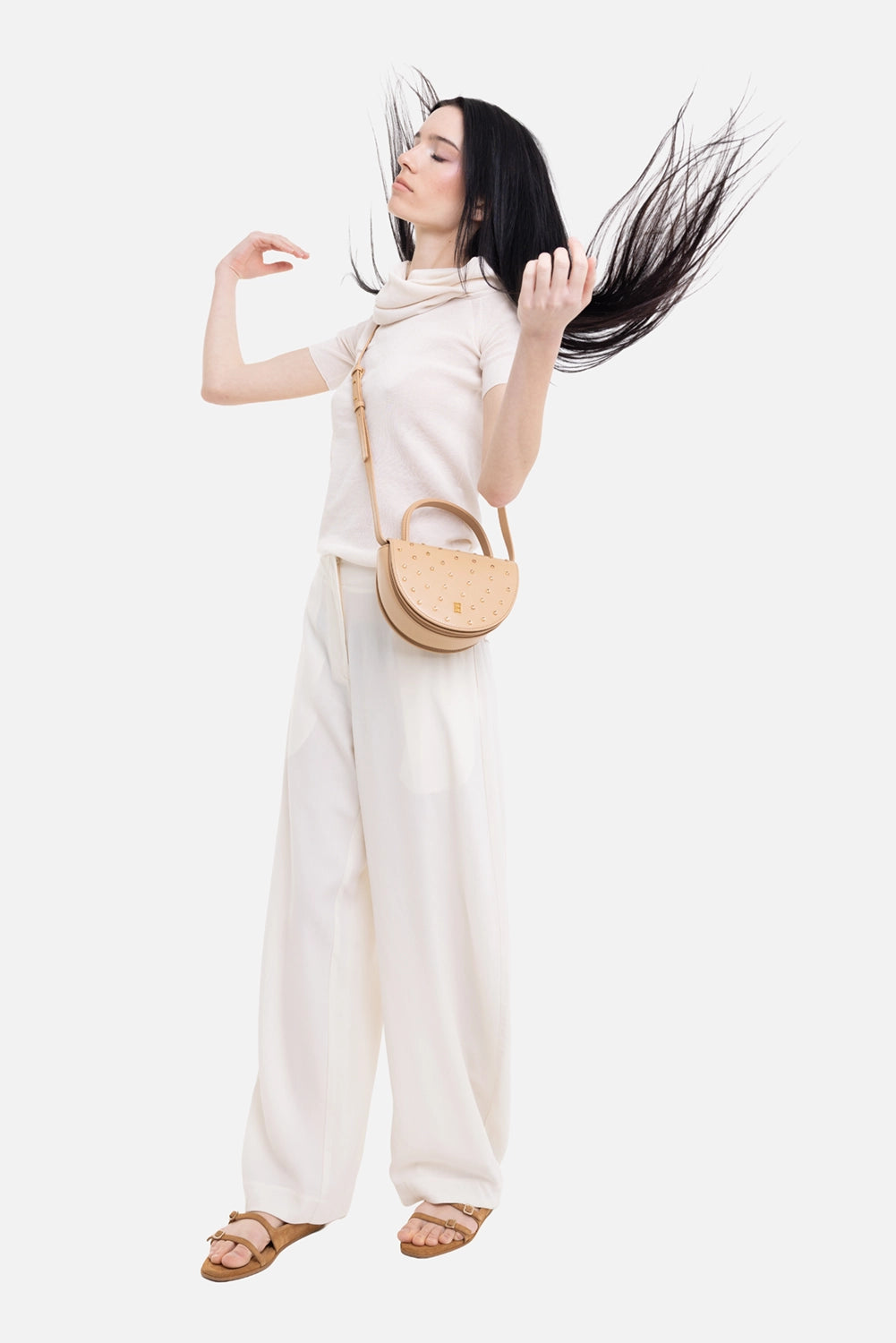 Gentry Portofino women's wide-leg trousers in ecru, on-model full length, high waist and soft rounded leg