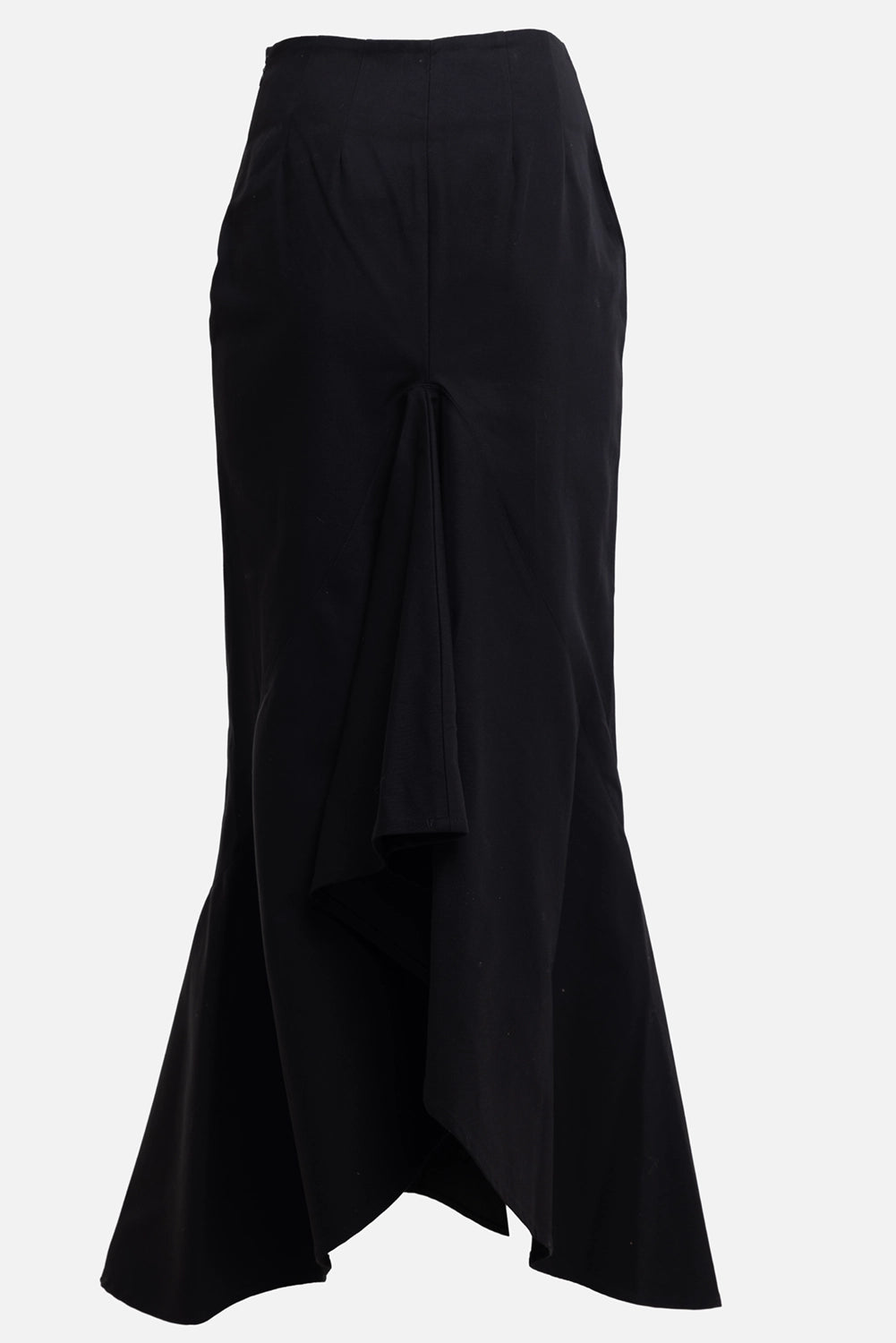Sehnsucht Atelier women's maxi skirt in black, back view, draped back panel and fishtail hem