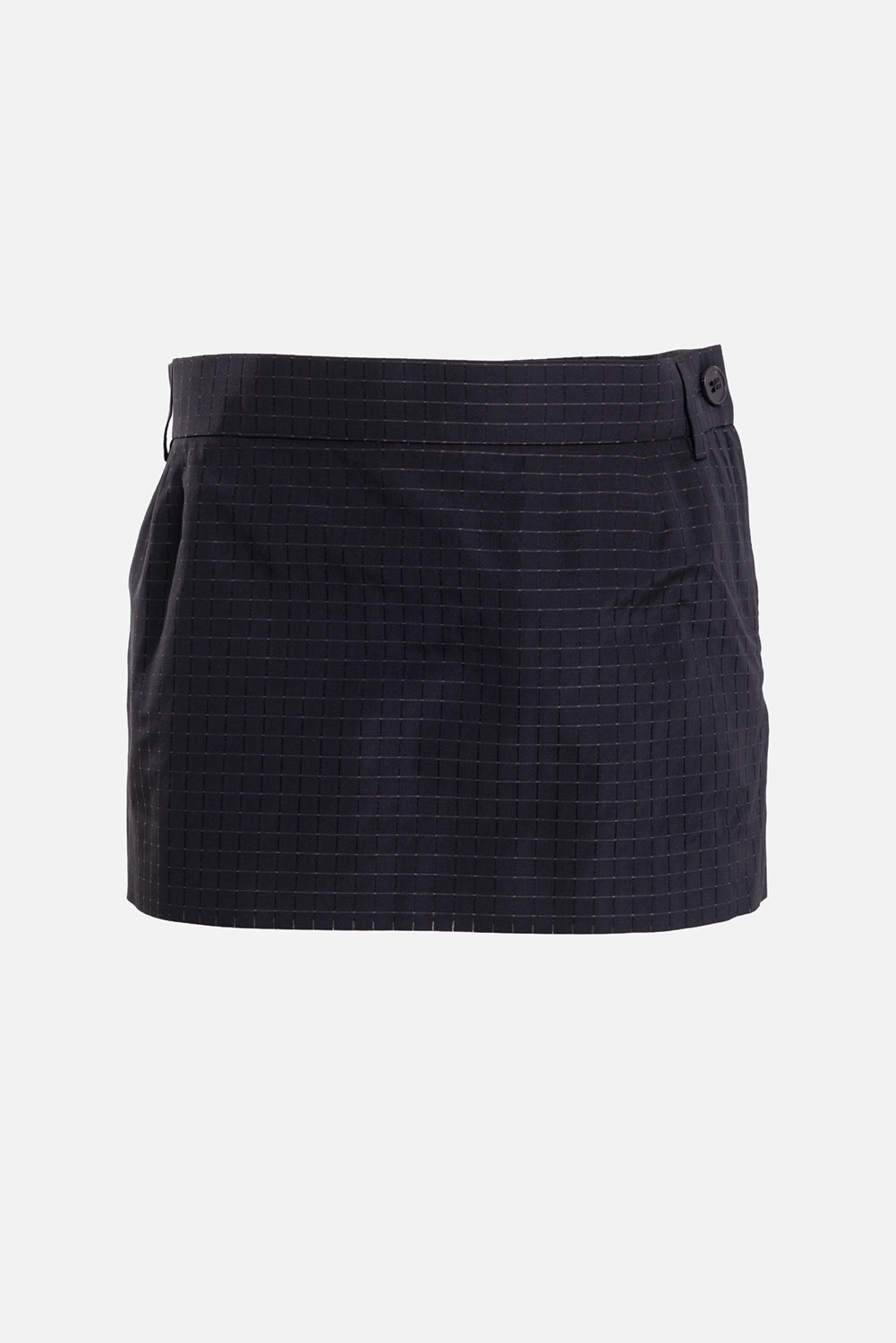 Vivienne Westwood women's black mini skirt, front view with fine grid pattern and side button waistband