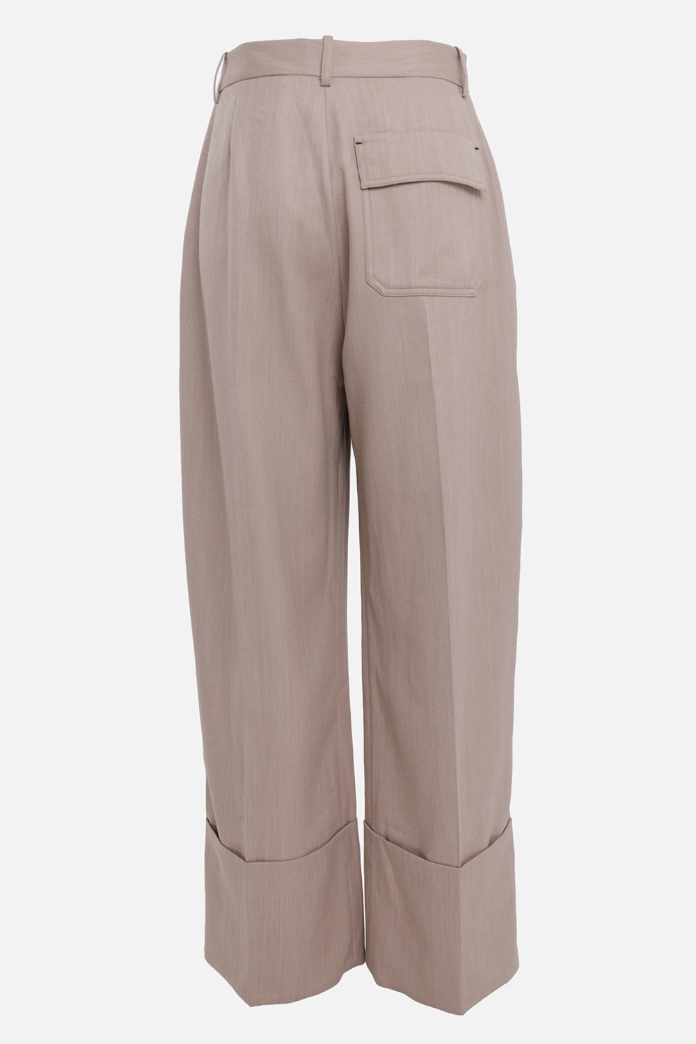 Victoria Beckham women's wool trousers in almond beige, back view with flap pocket and folded hems