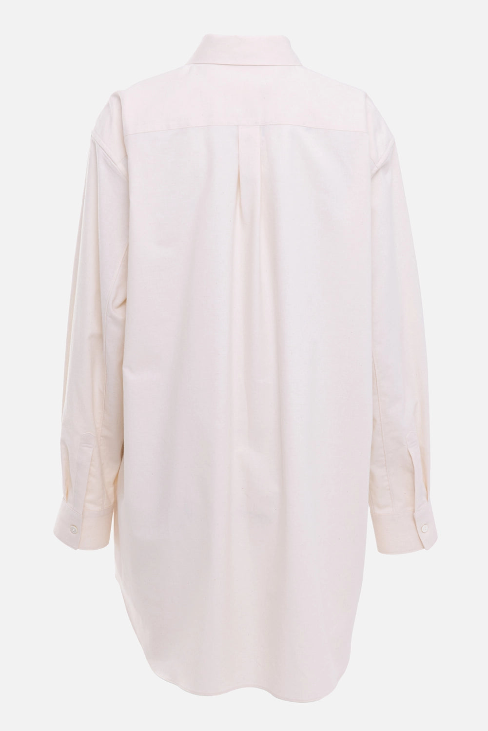COMME des GARÇONS women's shirt jacket in beige, back view, curved hem and center back pleat