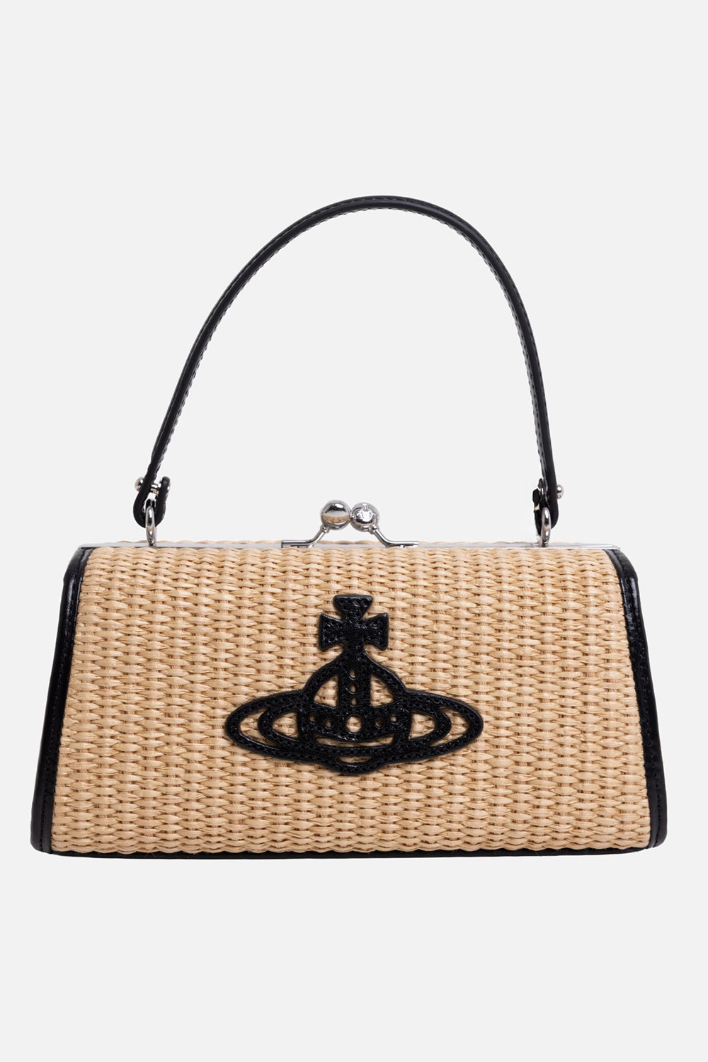 Vivienne Westwood women's frame bag in natural, front view, black Line Orb appliqué and top handle