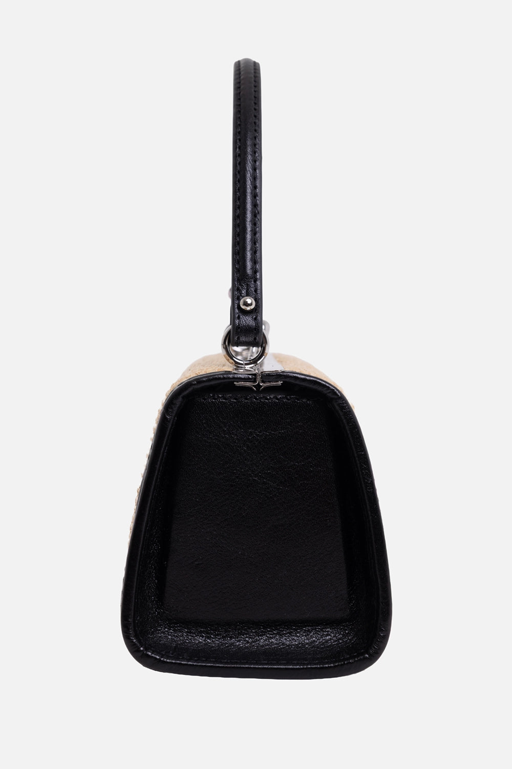 Vivienne Westwood women's frame bag in natural, side view, black leather gusset and silver handle ring