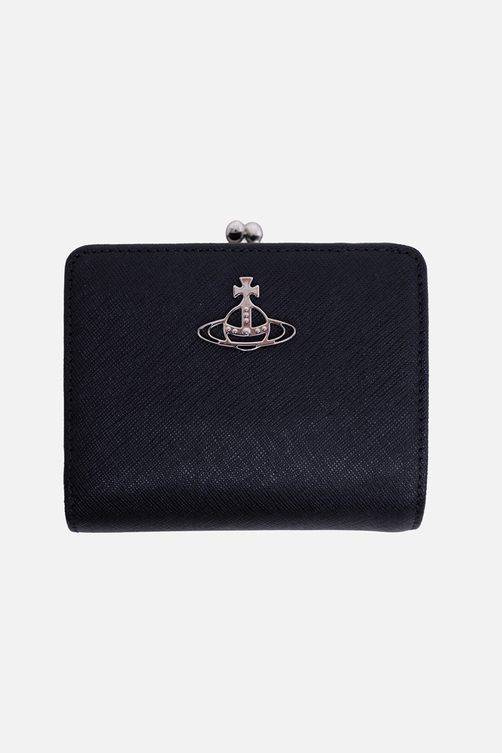 Vivienne Westwood women’s frame wallet in black, side view, silver kisslock frame open