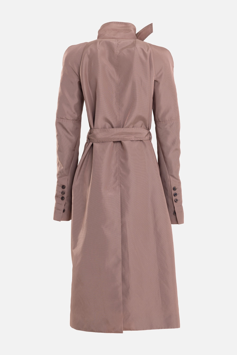 Rick Owens women's French coat in Dust, back view, belted waist and buttoned cuffs