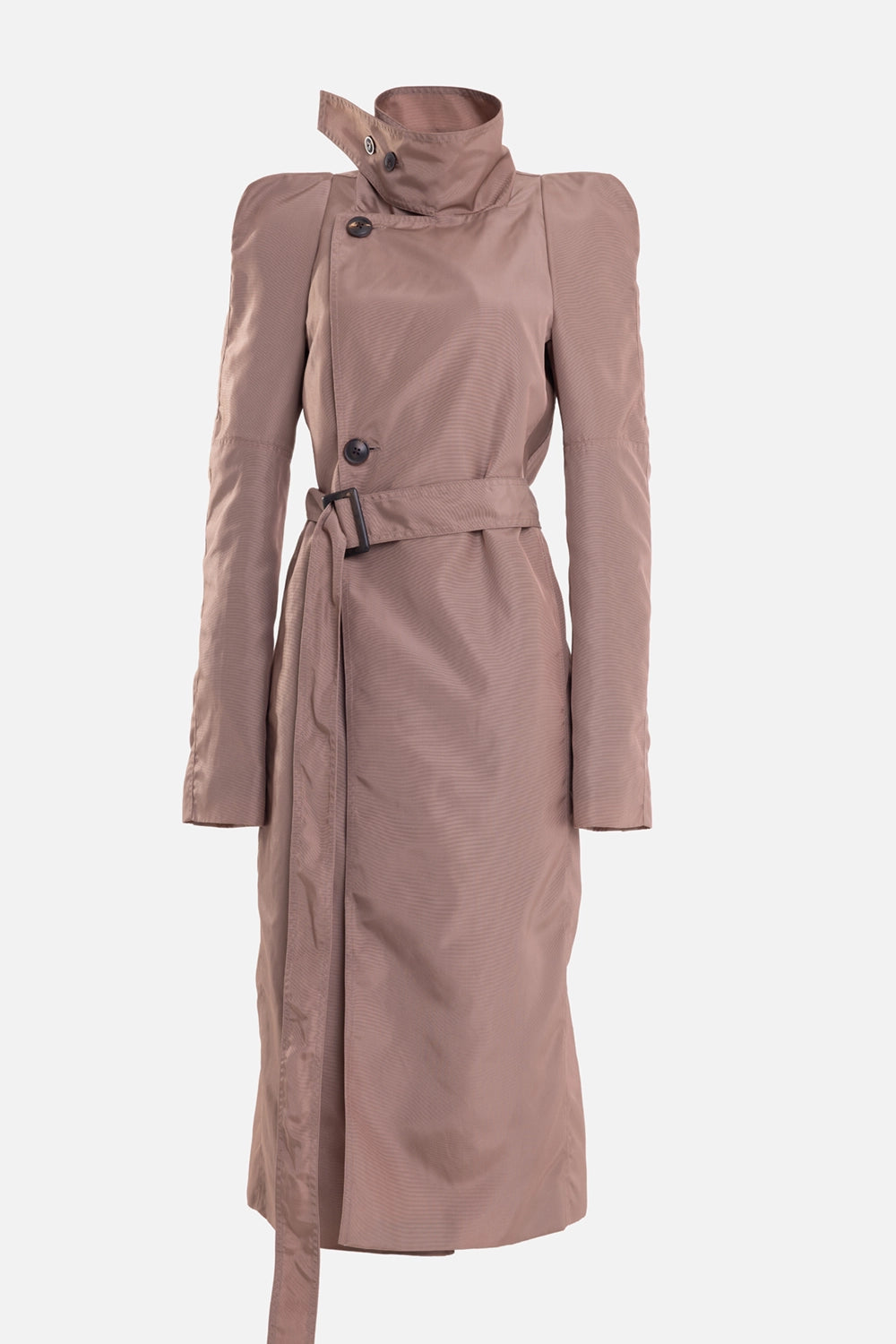 Rick Owens women's French coat in Dust, front view, high stand collar and sculpted shoulders