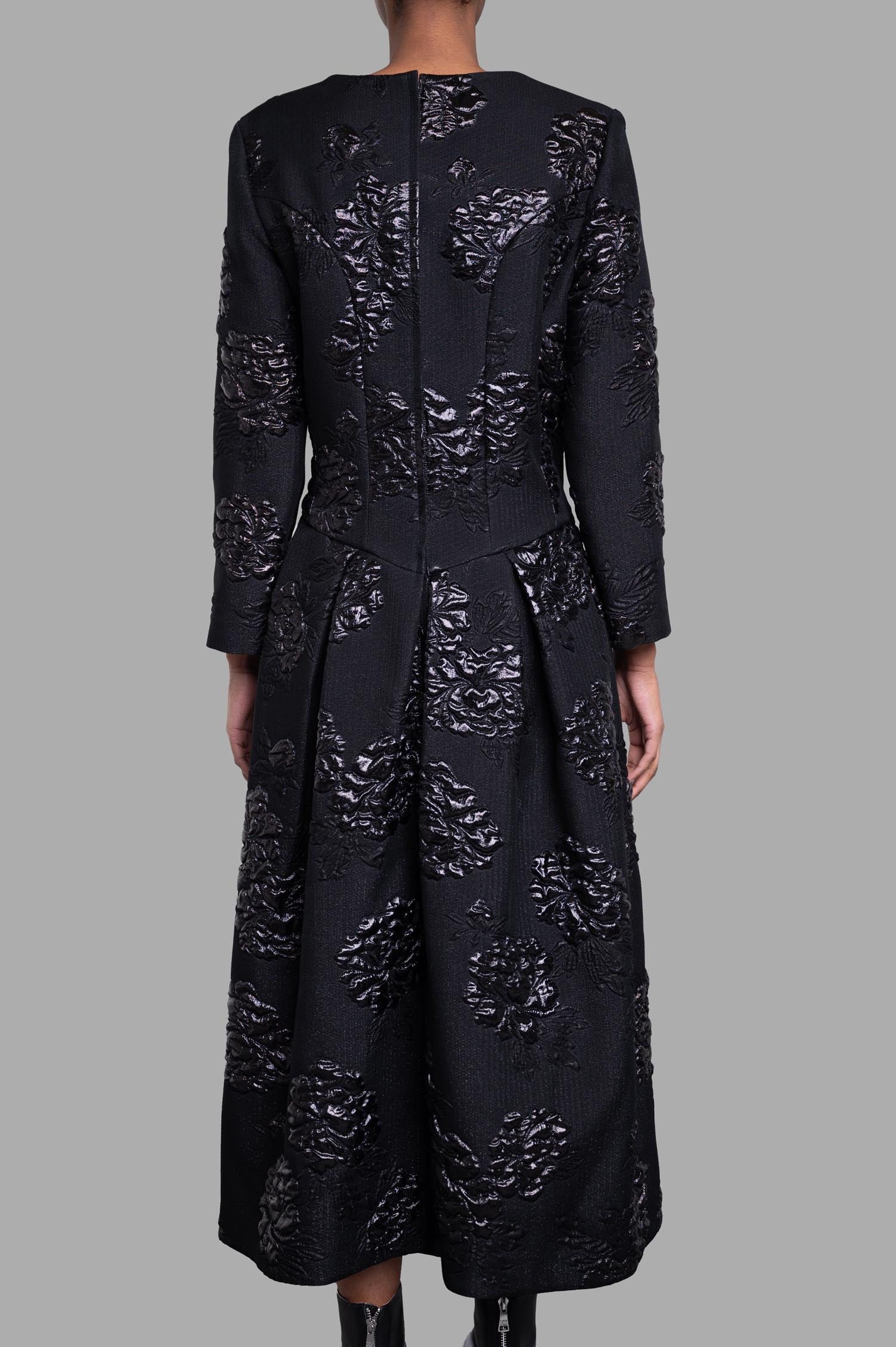 Comme des Garçons Structured Floral Dress showcasing 3D florals and a back view, highlighting textured black fabric and.