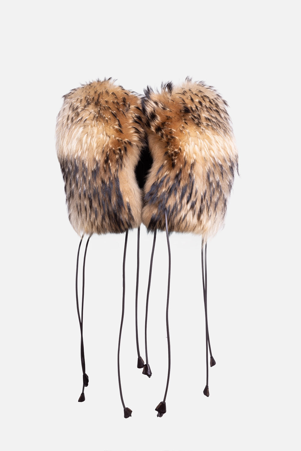 Pre-owned Dsquared2 women's fur vest in brown multi, front view, long leather lace ties hanging at hem