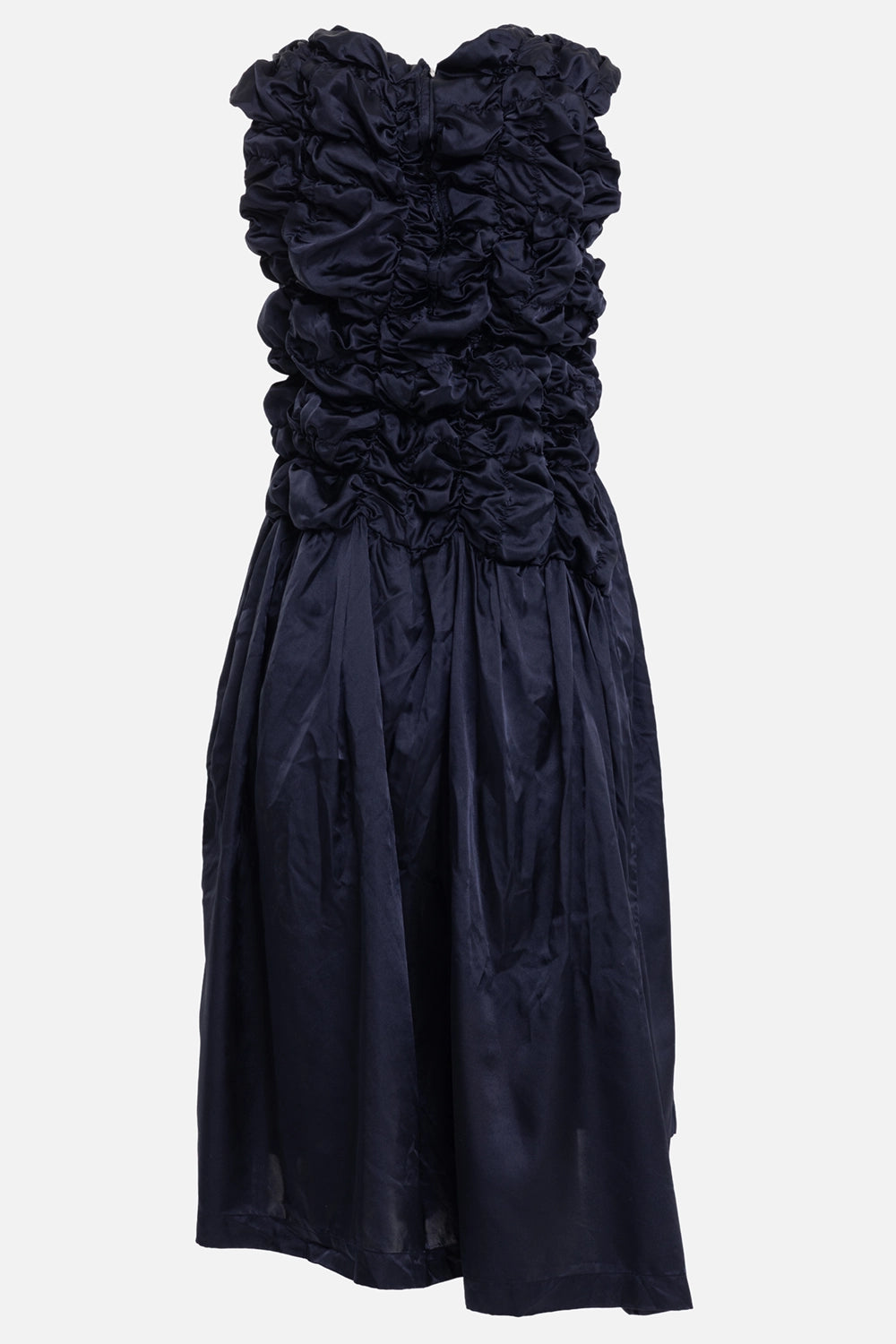 Comme des Garçons women's midi dress in Navy, back view with concealed zip and ruched upper body
