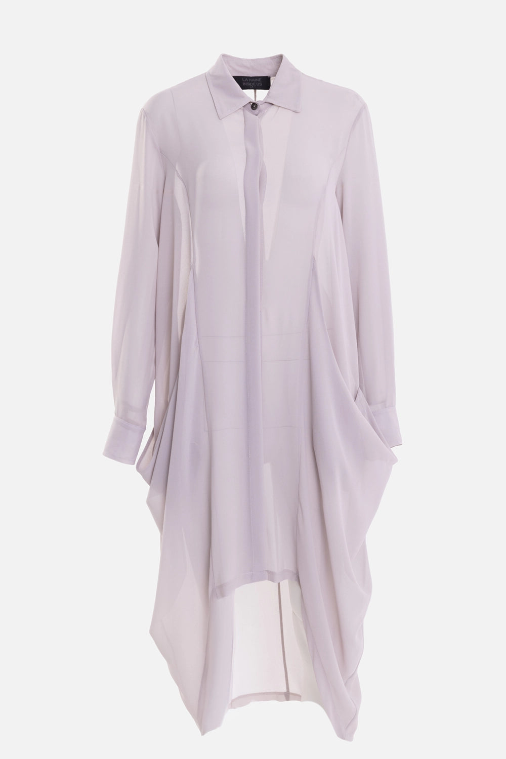 La Haine Inside Us women's georgette shirt in gray, front view, classic collar and oversized pocket panels