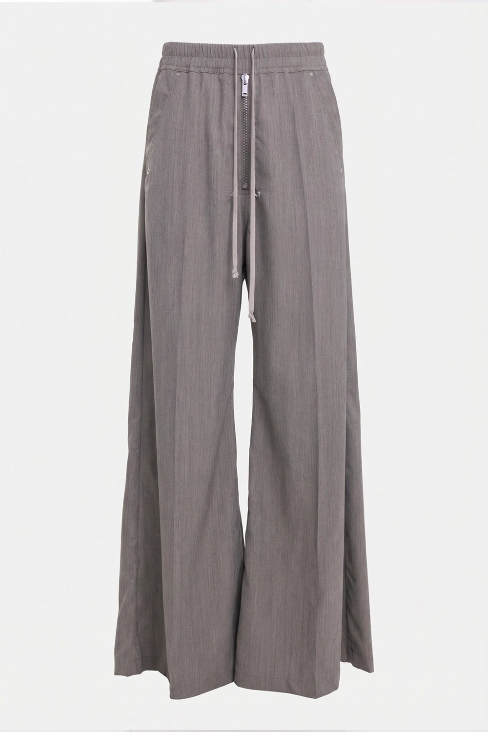 Rick Owens men's pants in grey melange, front view with exposed center zipper and long drawstrings