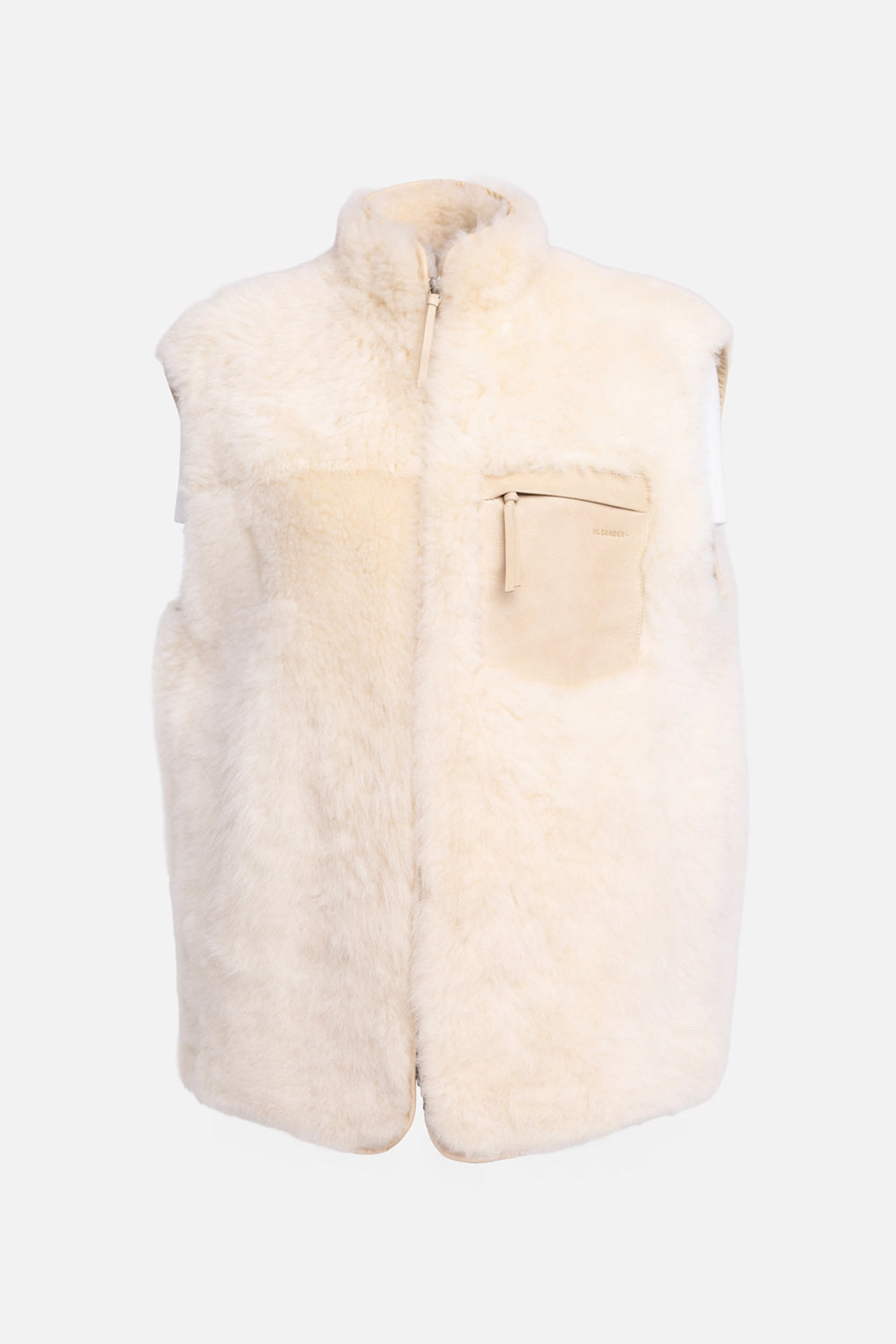 Pre-owned Jil Sander women's shearling gilet in sand beige, front view, leather zip chest pocket