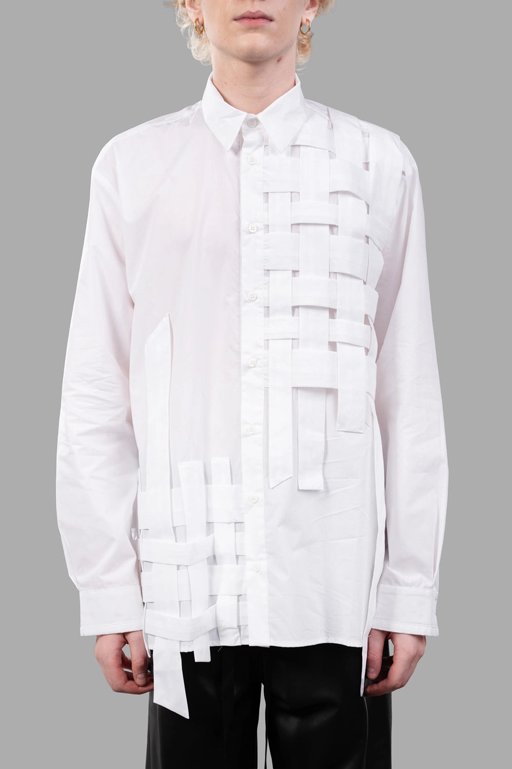 Front close-up showing basket-weave tape panels, button placket and point collar