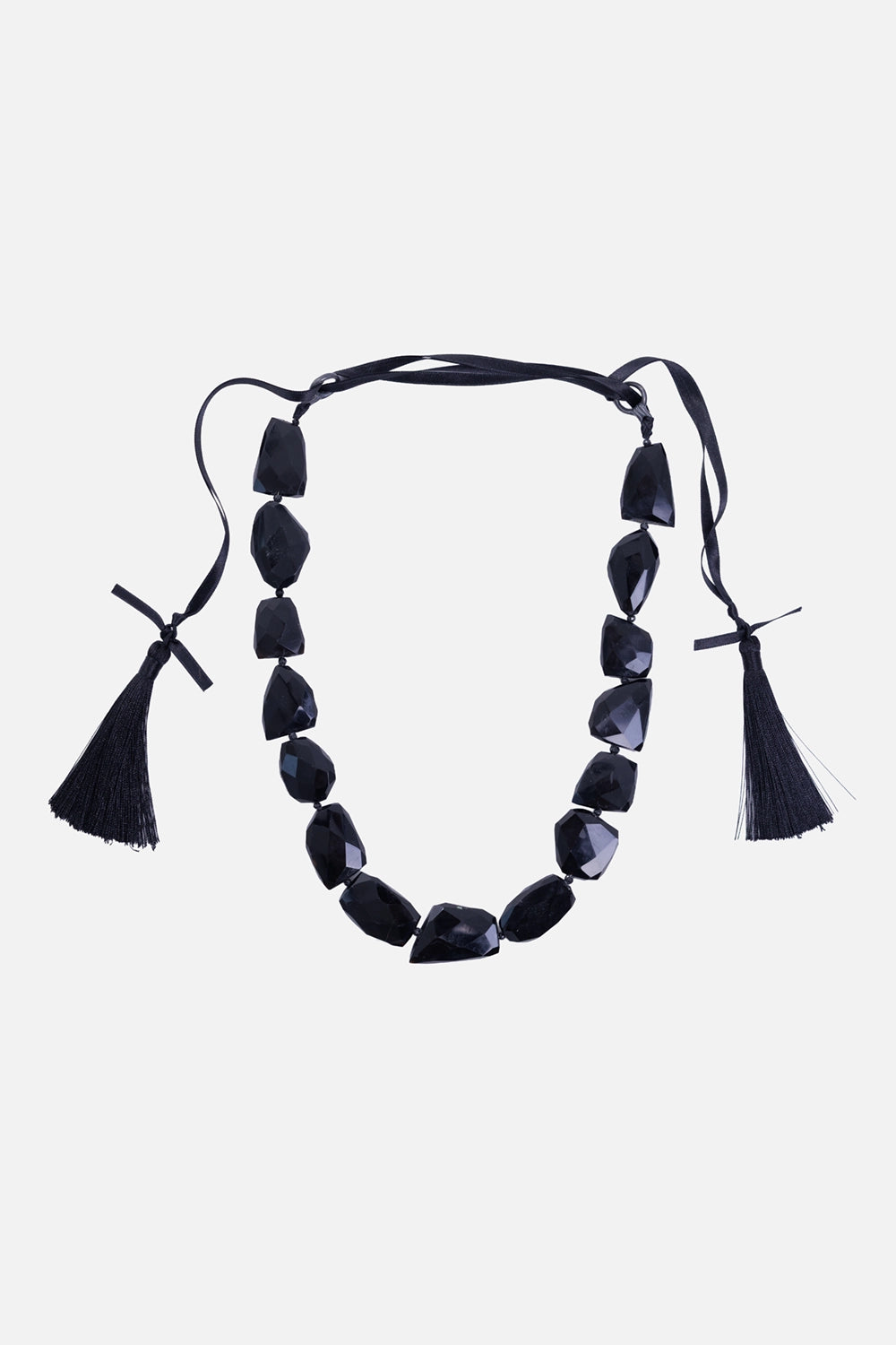 KUNDO women's glass bead necklace in black, full view with irregular faceted beads, ribbon ties and twin tassels
