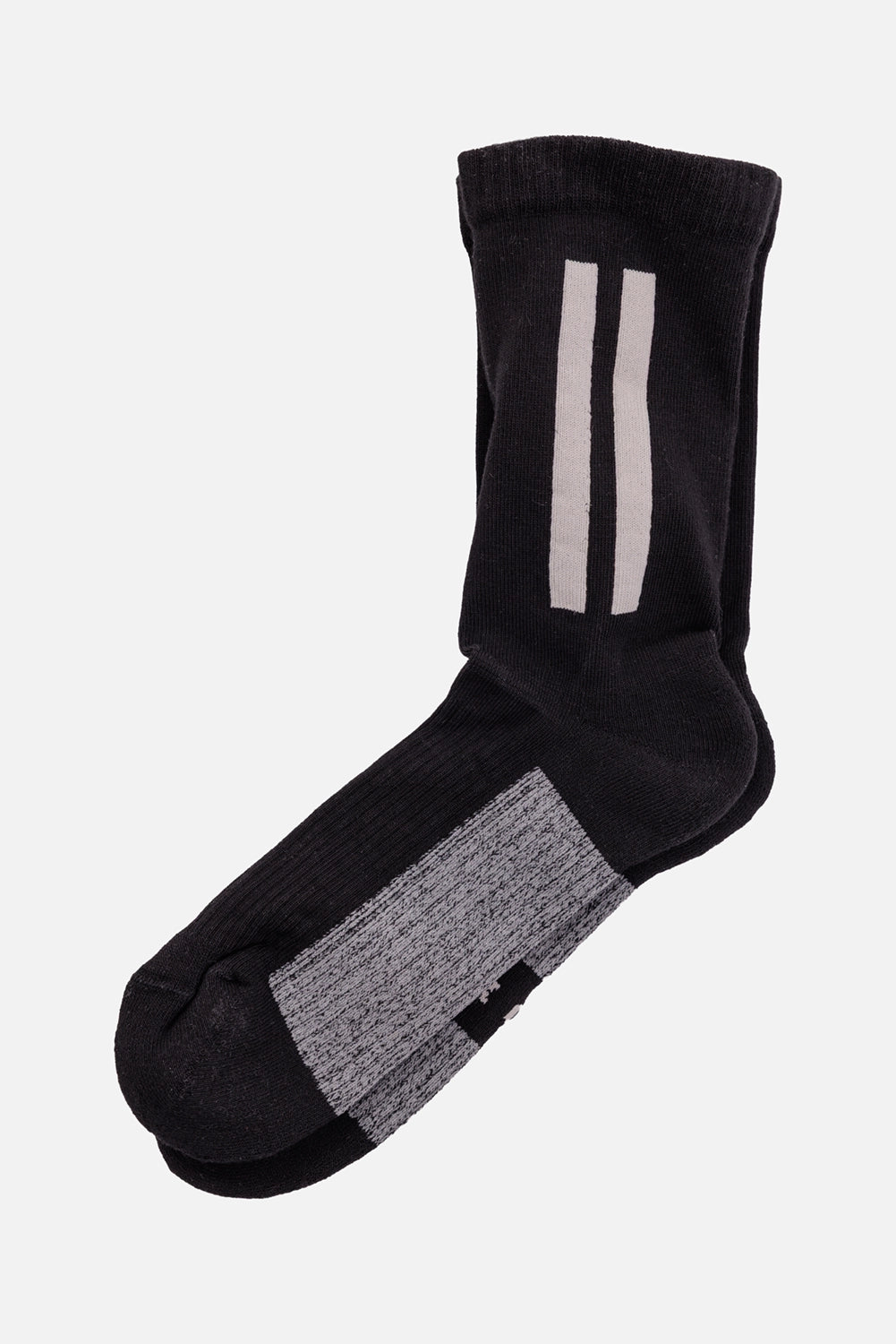 Rick Owens unisex glitter socks in black and pearl, side view with double ankle lines and pearl sole blocks