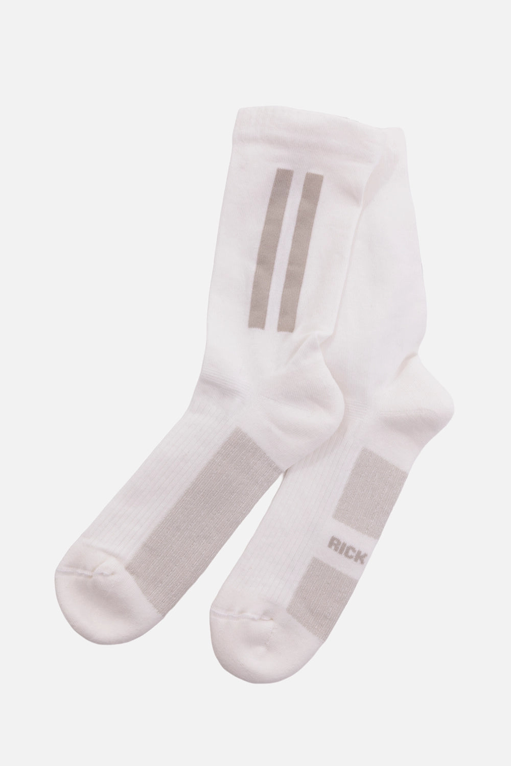 Rick Owens unisex glitter socks in milk and pearl, angled view with double ankle lines and contrast sole panels