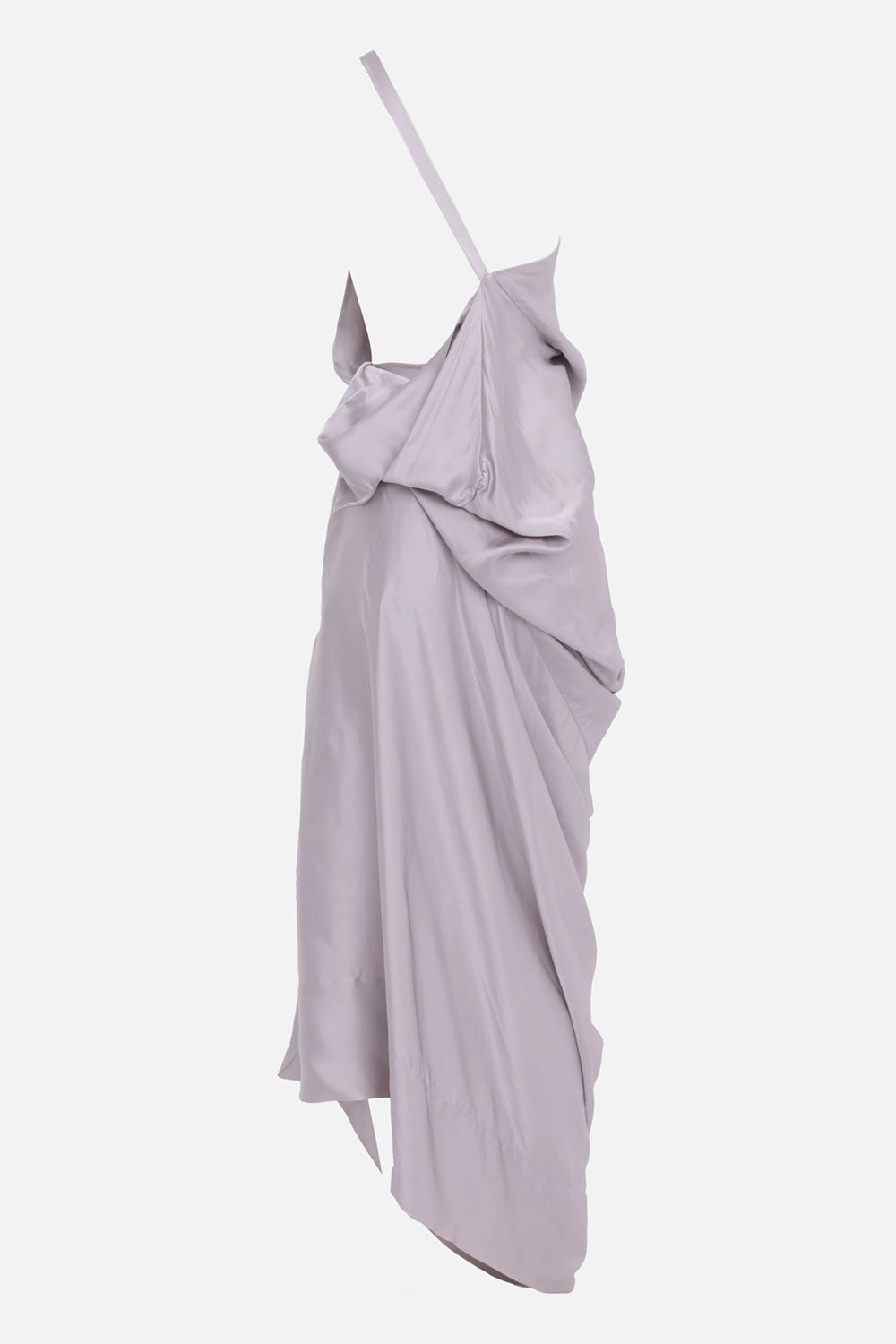 Vivienne Westwood women's mother-of-pearl maxi dress, three-quarter view with open back and gathered draping