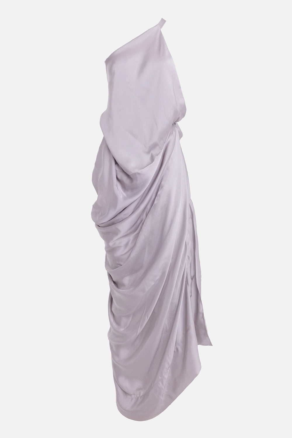Vivienne Westwood women's mother-of-pearl maxi dress, side view with cascading satin folds and asymmetric strap