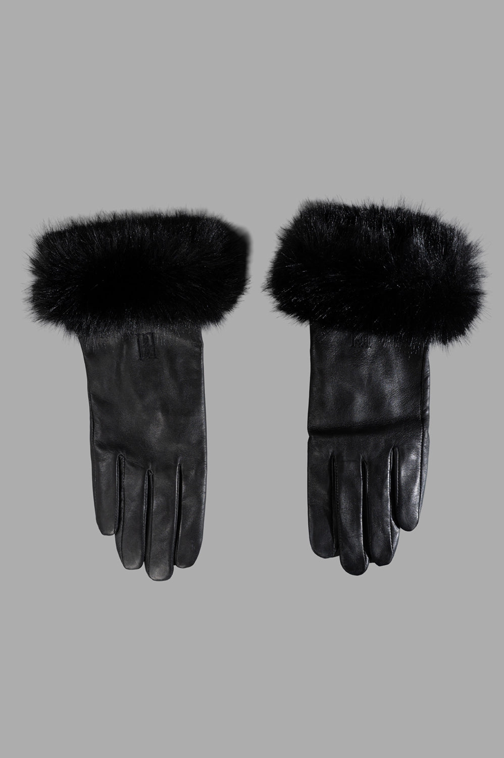 Black leather gloves with faux-fur cuffs shown as a pair, front and back views