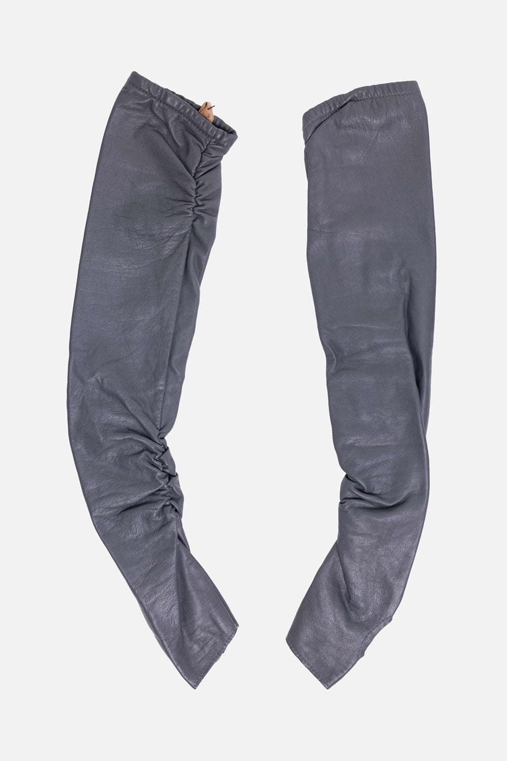 Pre-owned Alice San Diego arm-length gloves in grey, back view, smooth finish with gathered wrist detail