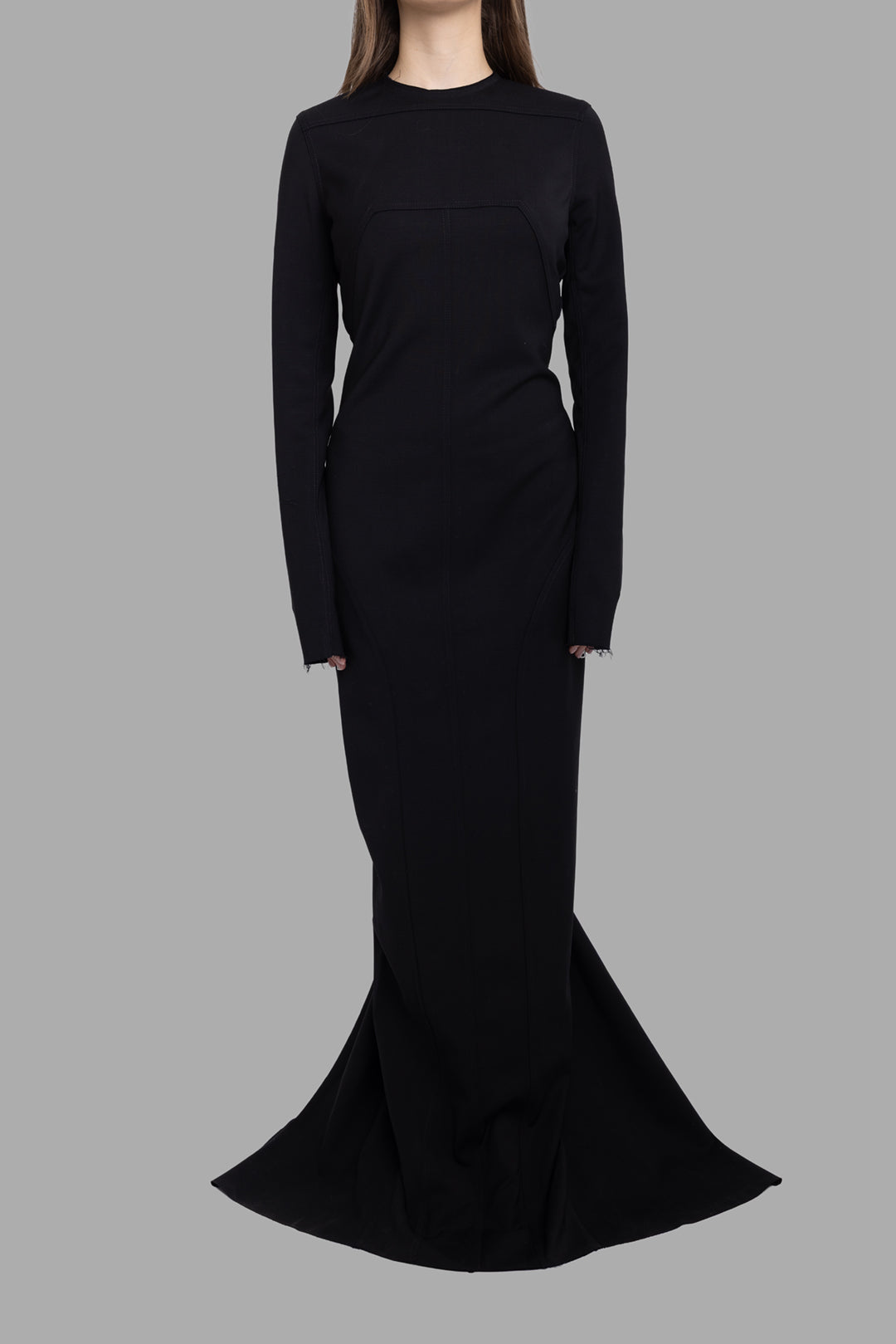 Rick Owens women black gown, front view, fitted panel seams and elongated sleeves with raw cuffs