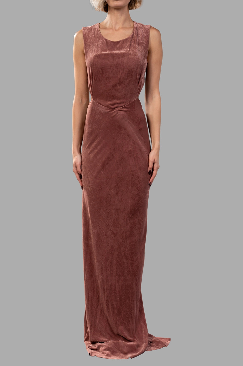 Rick Owens gown in rosewood, front view, low rounded neckline and soft-point waist drape