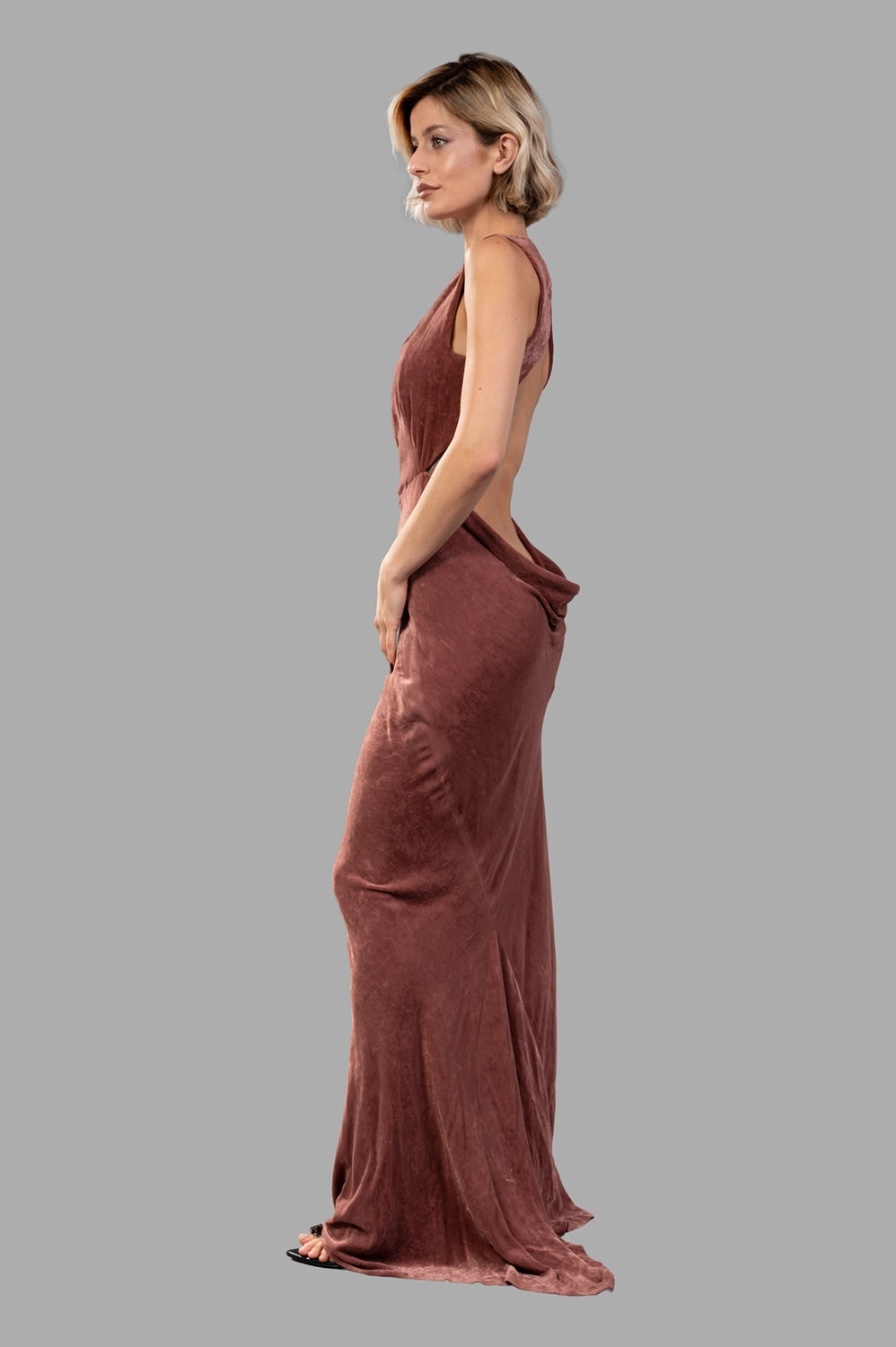 Rick Owens gown in rosewood, on-model full length, side profile with draped train and open back