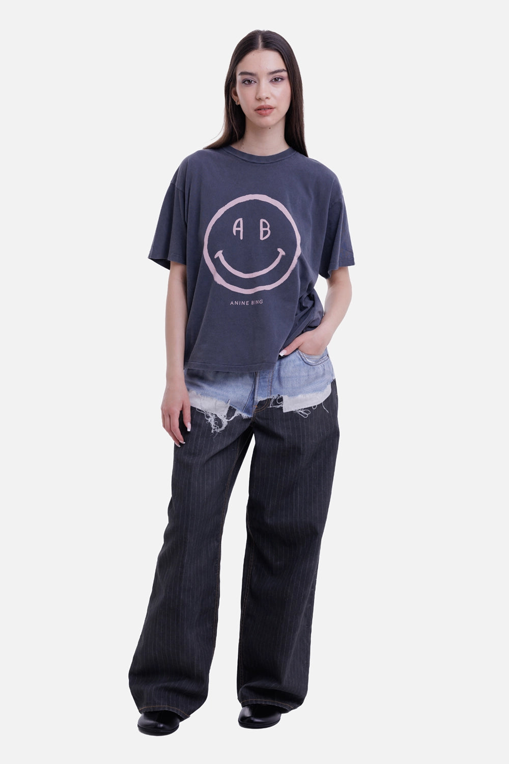 Anine Bing women's T-shirt in washed grey, full-length view with pink AB smiley graphic