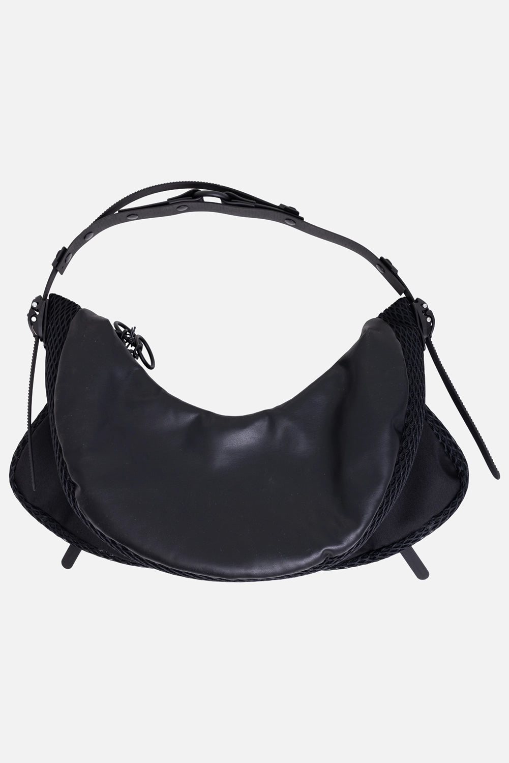 INNERAUM unisex half moon bag in black, back view, smooth crescent body and net-trimmed sides