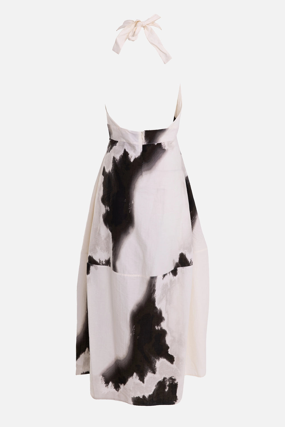 Siyu women's halter midi dress in ivory and black, back view, halter bow and black abstract print