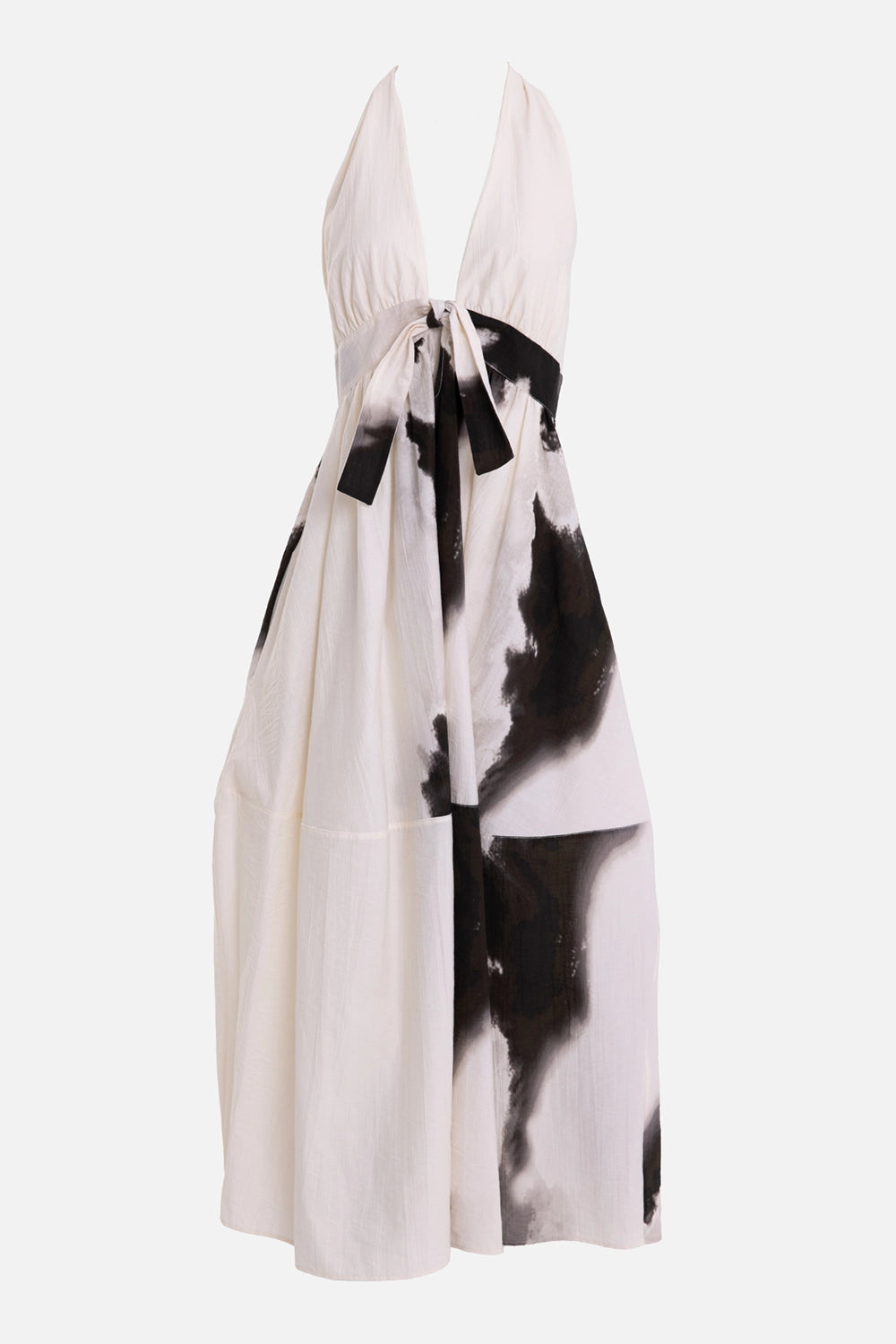 Siyu women's halter midi dress in ivory and black, front view, plunging neck and tied under-bust band