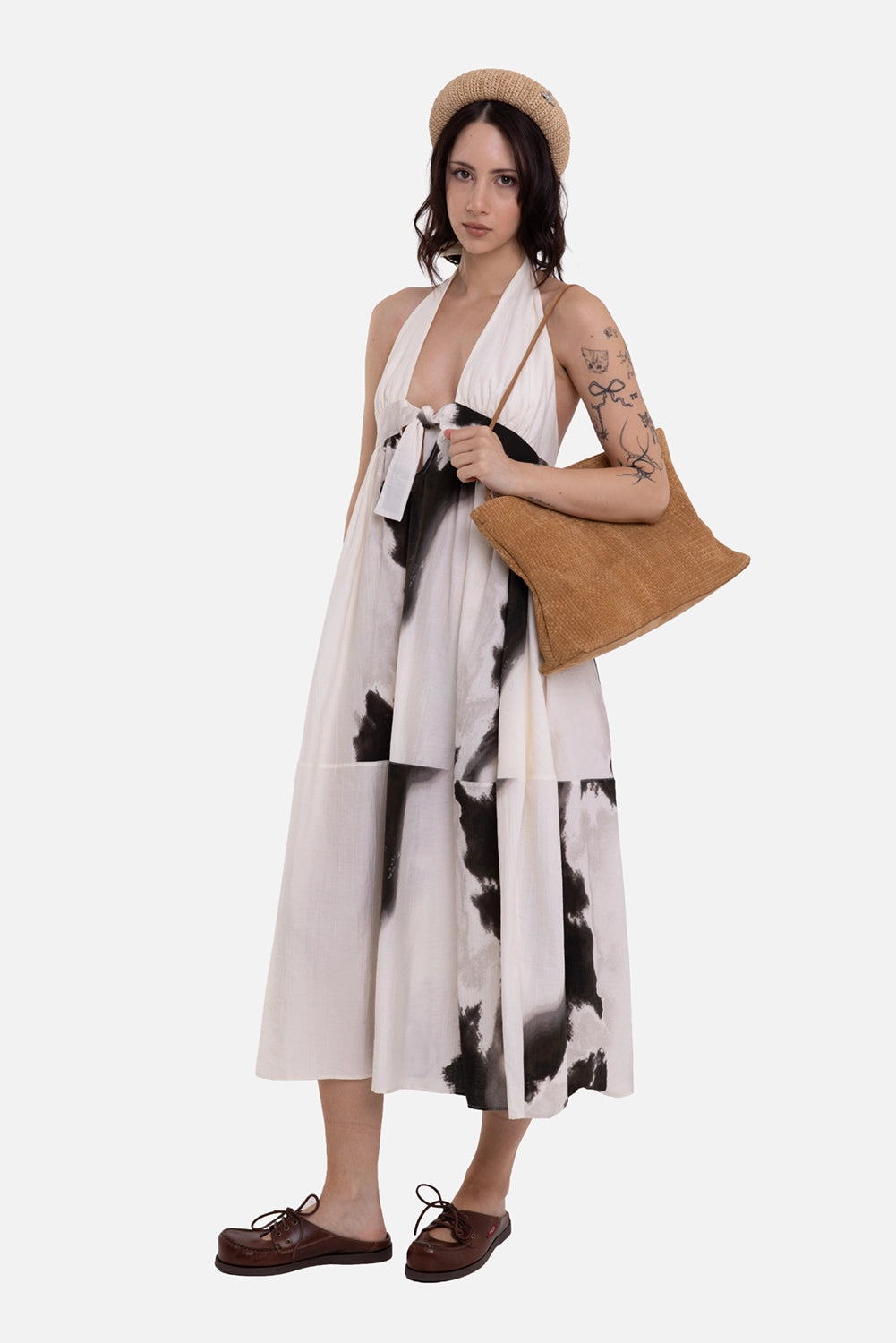Siyu women's halter midi dress in ivory and black, on-model full length, front tie and panelled skirt