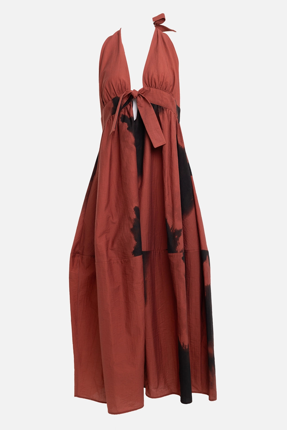 Gentry Portofino women's halterneck dress in cipolla, front view, deep V-neck and self-tie waist